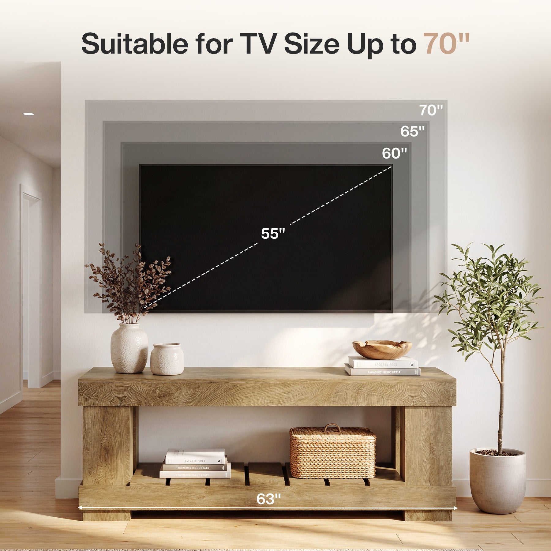 63" TV Stand for 55-70 Inch TVs, Modern Rustic Media Console with Open Storage Shelf
