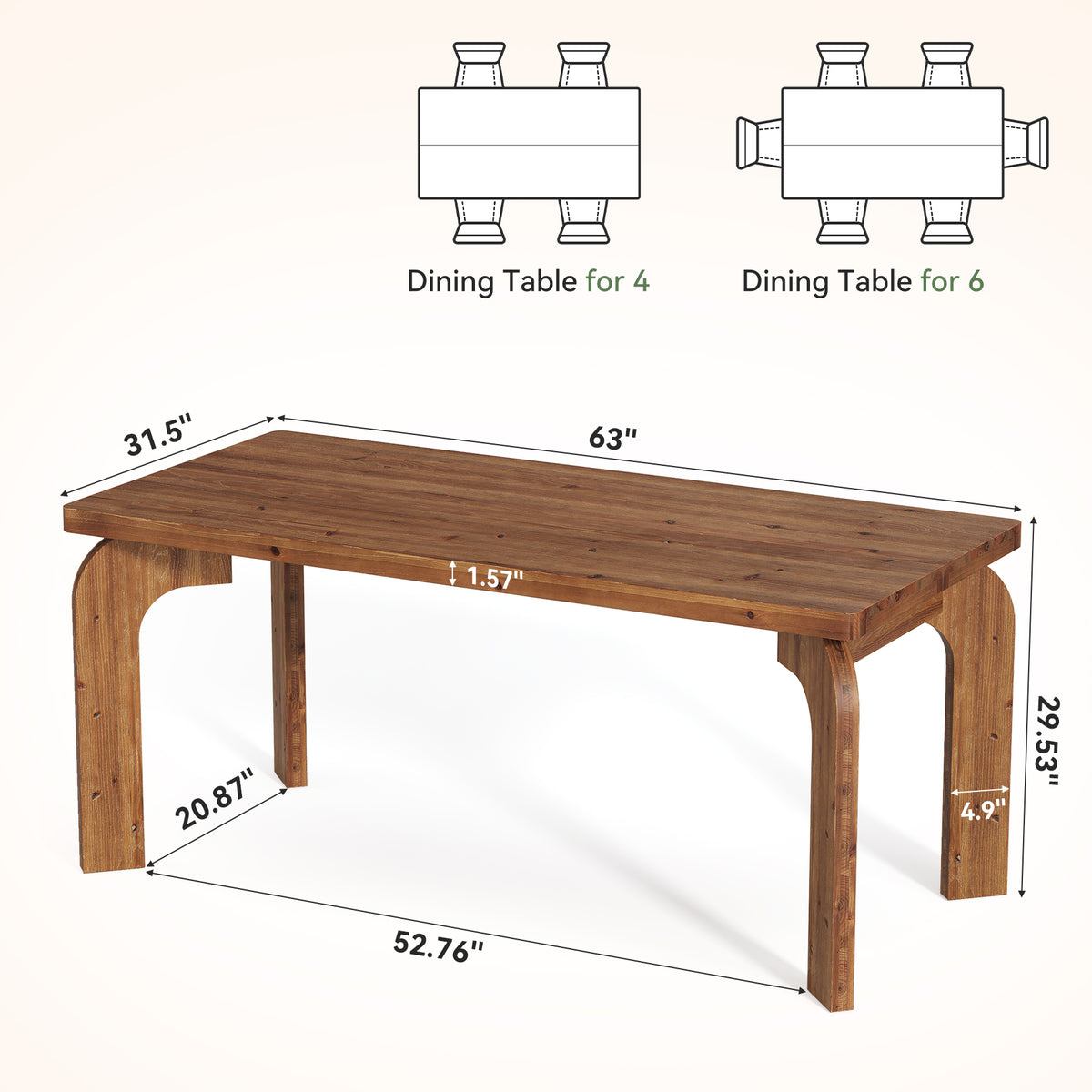 63" Solid Wood Dining Table for 4-6, Rectangular Kitchen Table