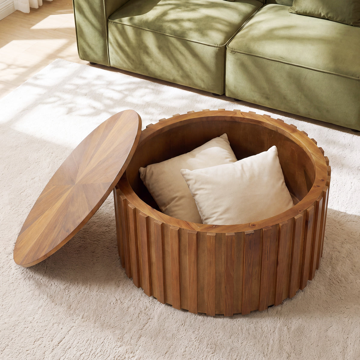 Solid Wood Round Coffee Table, 31.5" Fluted Drum Tea Table with Hidden Storage, No Assembly