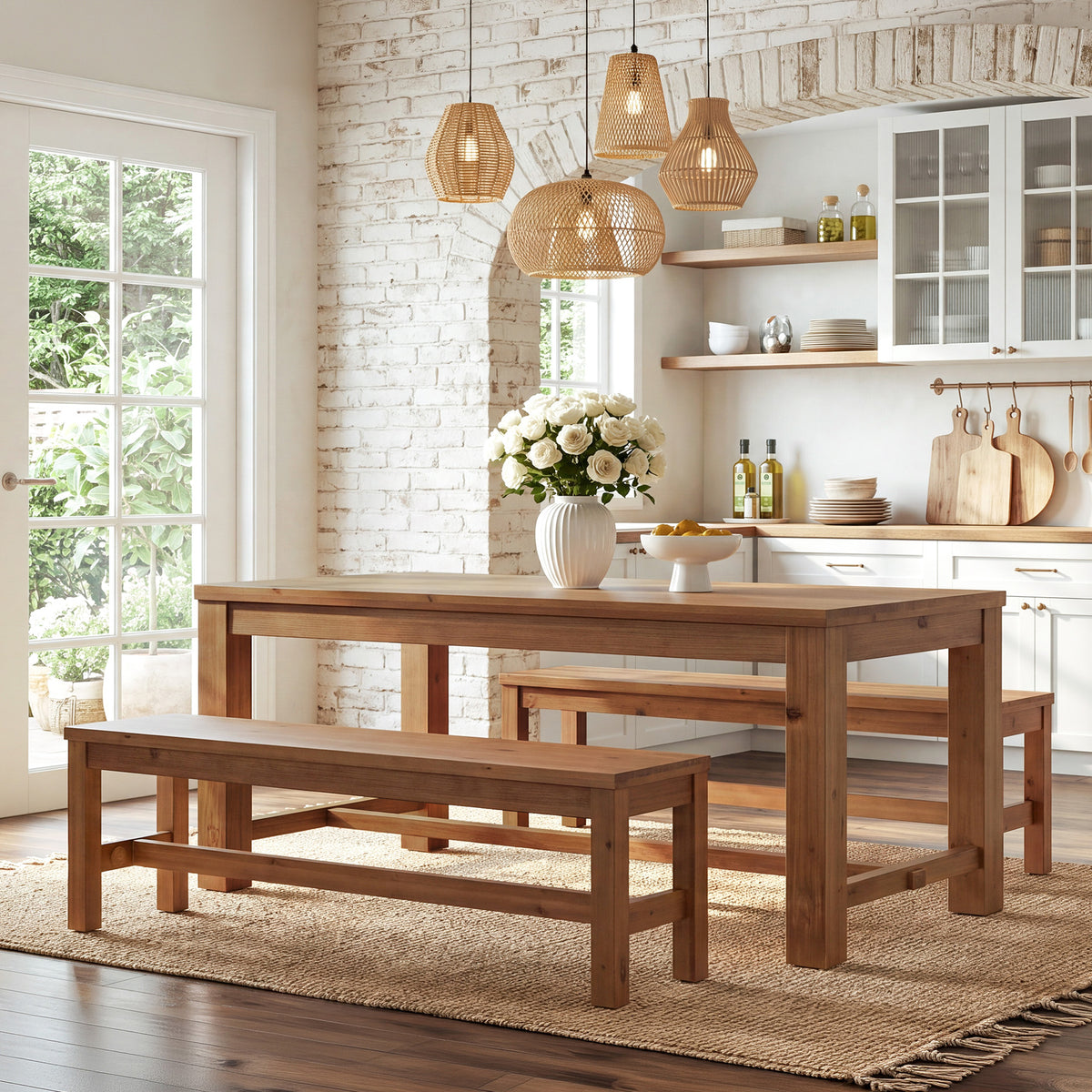 55" Solid Wood Dining Table Set with 2 Benches, 3-Piece Kitchen Table Set for 4-6
