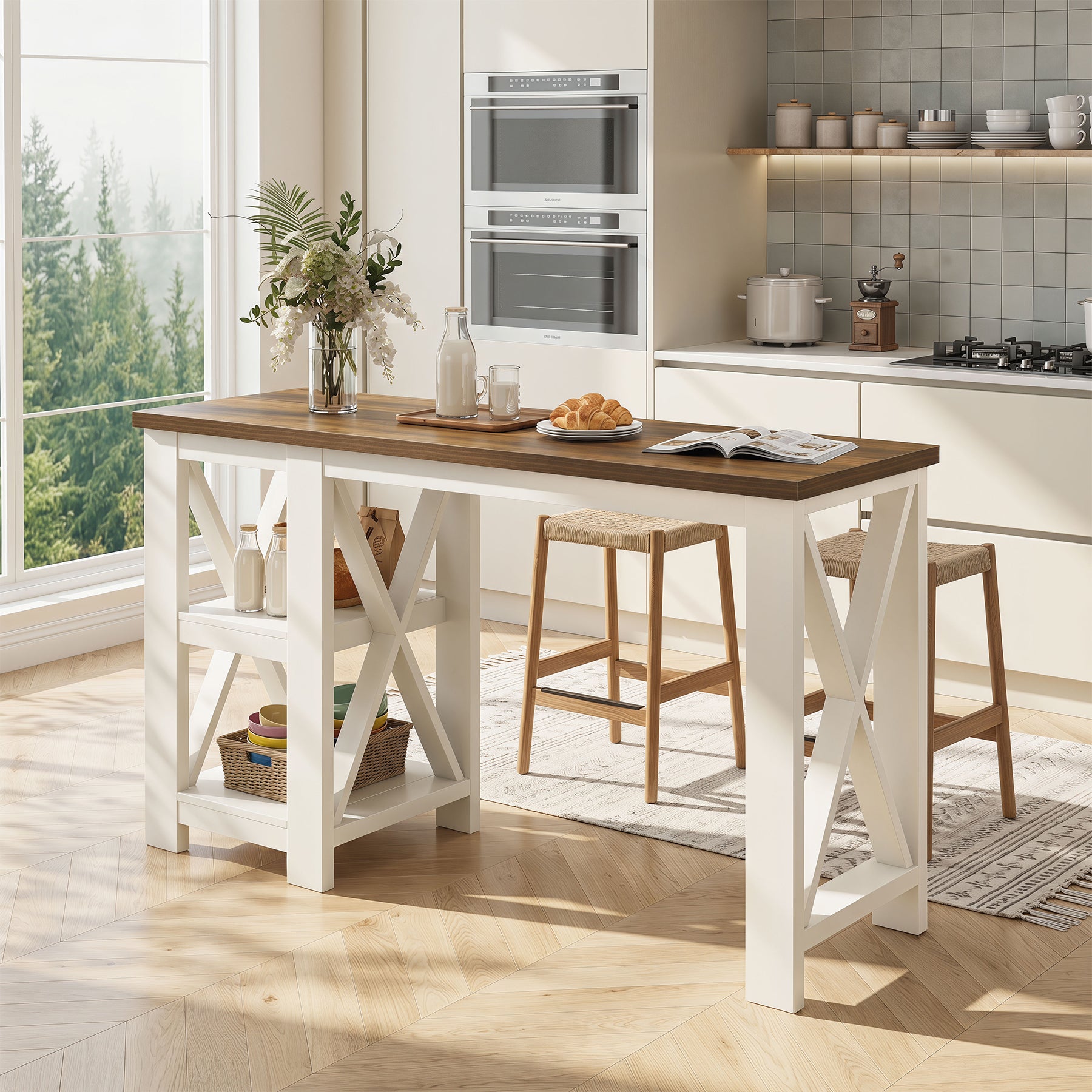 62.2" Kitchen Island, Large Counter Height Bar Table with Side Storage Shelves