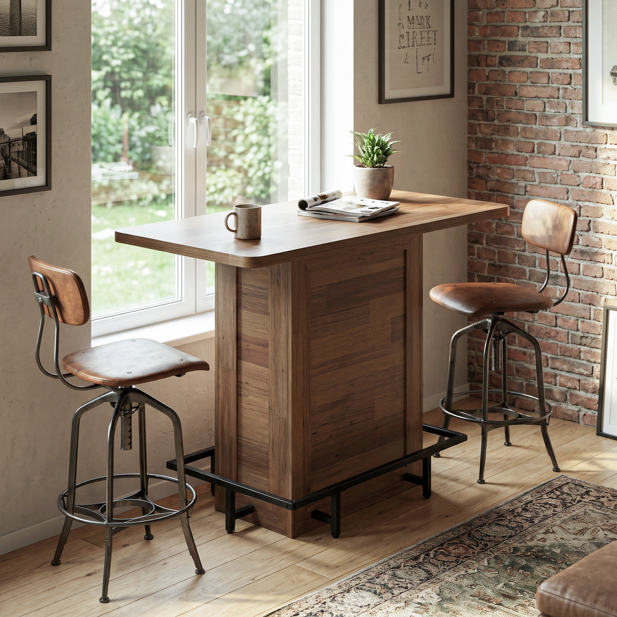47.24" Bar Table, Farmhouse High-Top Pub Table with Metal Footrest & Adjustable Feet