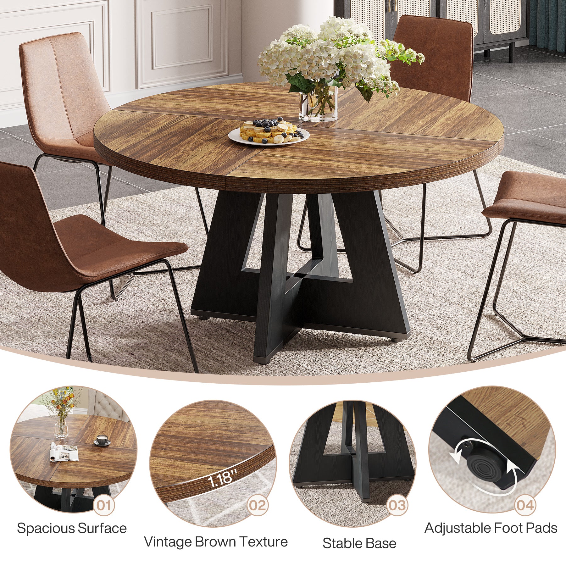47-Inch Round Farmhouse Dining Table for 4–6 with Cross-Style Pedestal Base