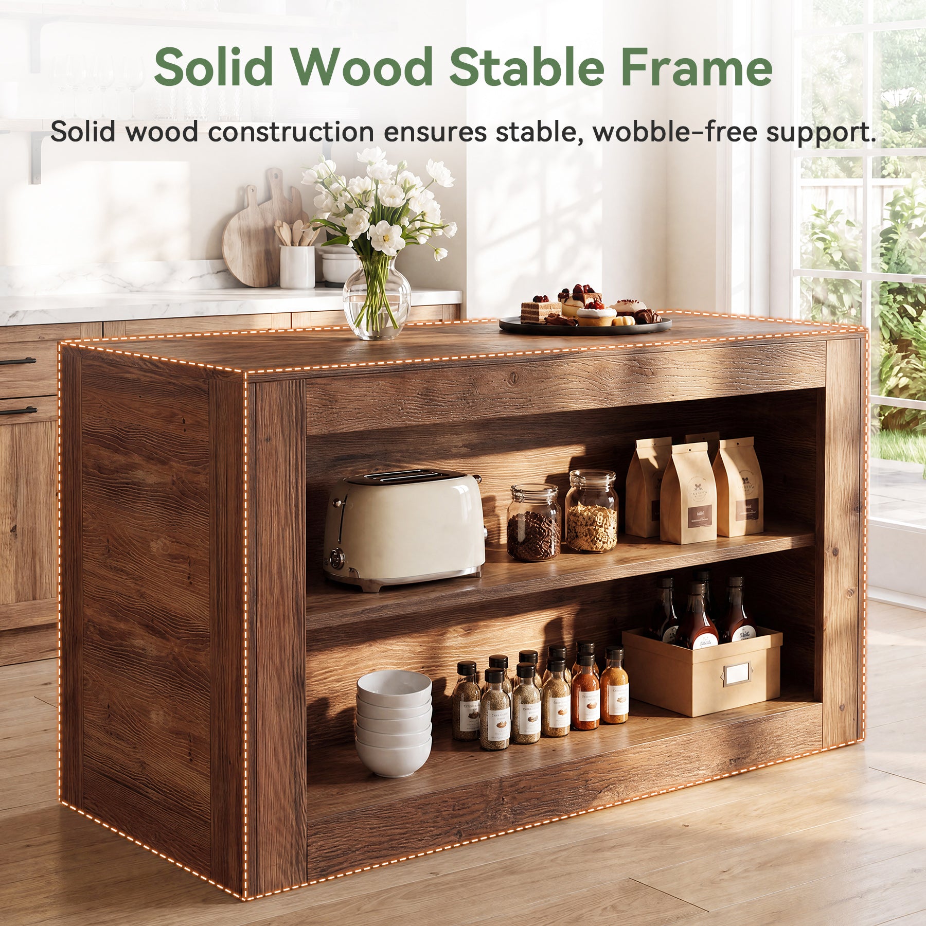 55" Solid Wood Kitchen Island, Farmhouse Stationary Table with 2-Tier Storage for Kitchen