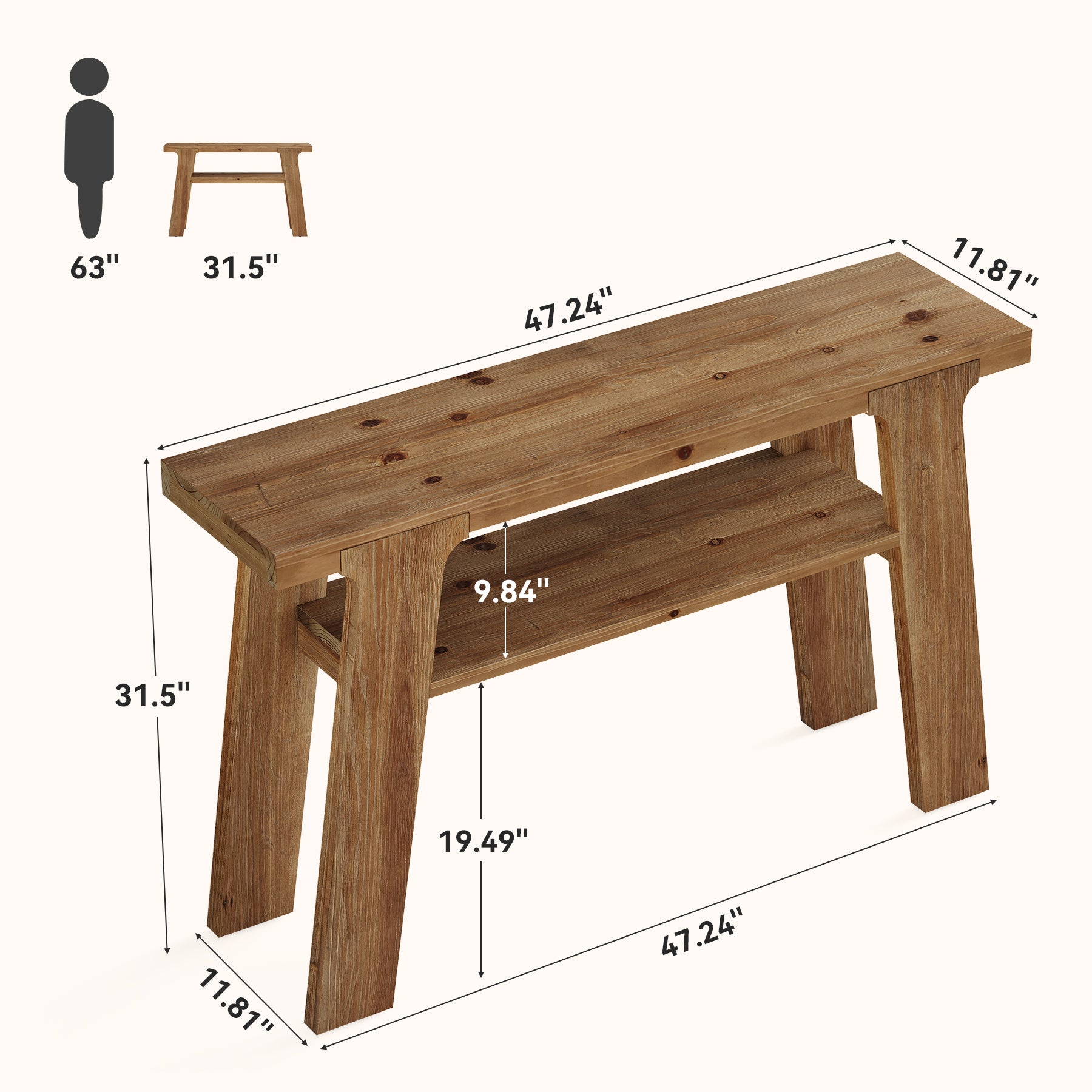 Solid Wood Console Table, 47" Farmhouse Small Sofa Table with 2-Tier Storage