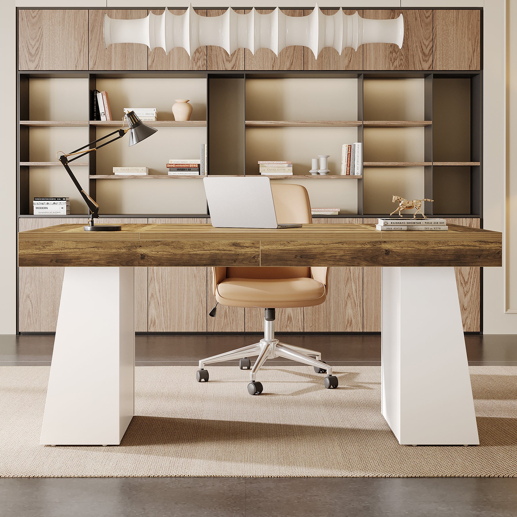 55" Executive Office Desk with Double Trapezoid Base, Modern Wooden Computer Desk for Home Office