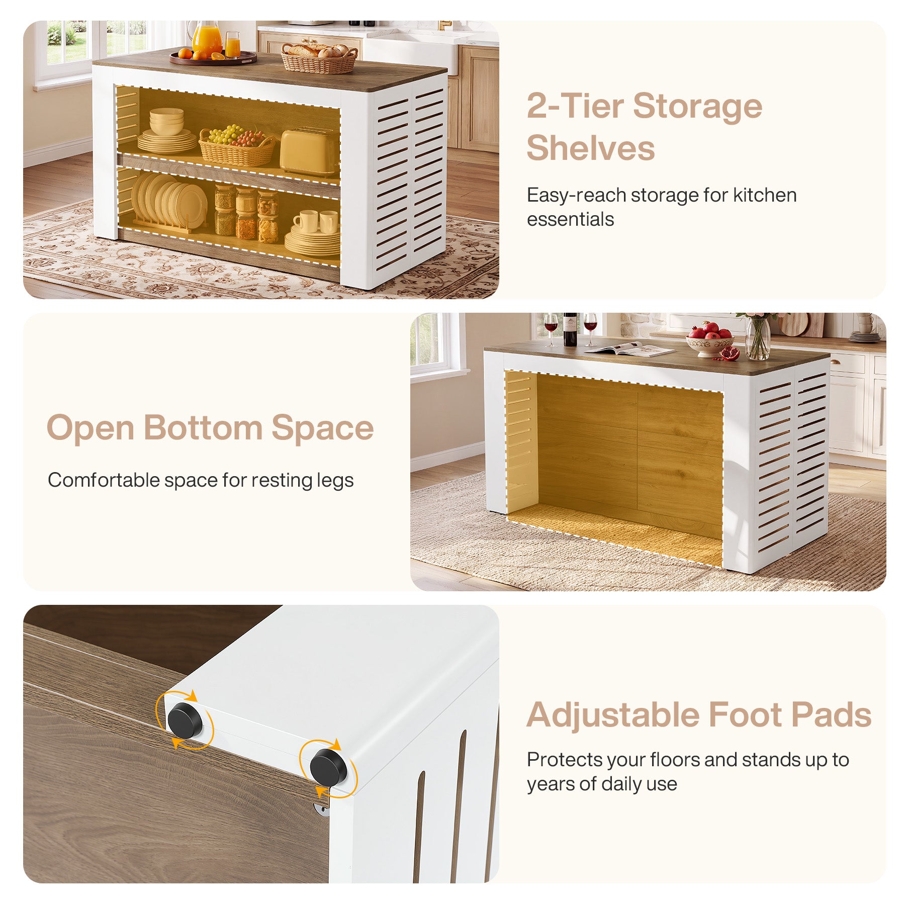 55" Farmhouse Kitchen Island, 3-Tier Wooden Stationary Island Table for Kitchen