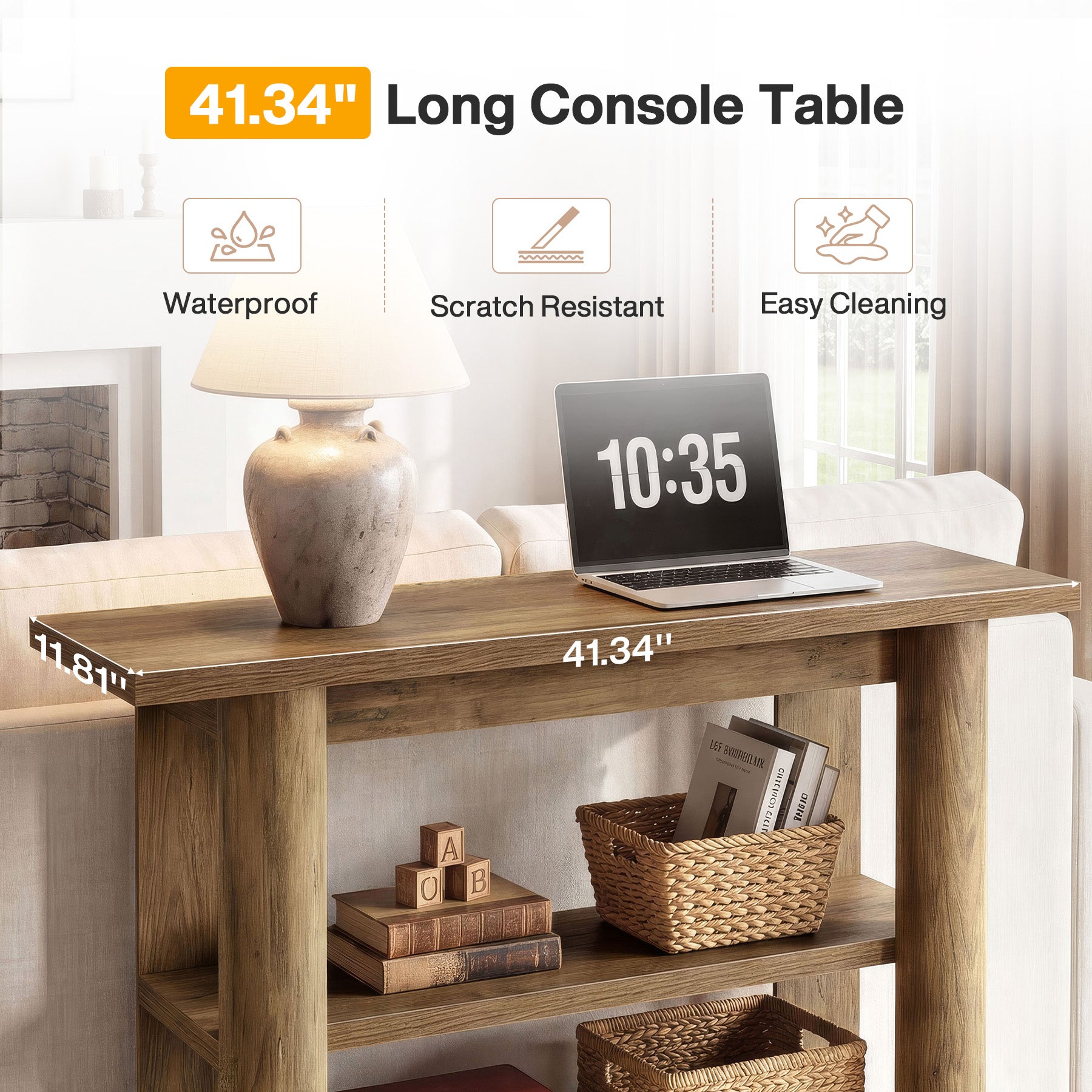 47" Narrow Console Table with Shelves, 3-Tier Entryway Sofa Table with Thick Frame for Hallway & Living Room