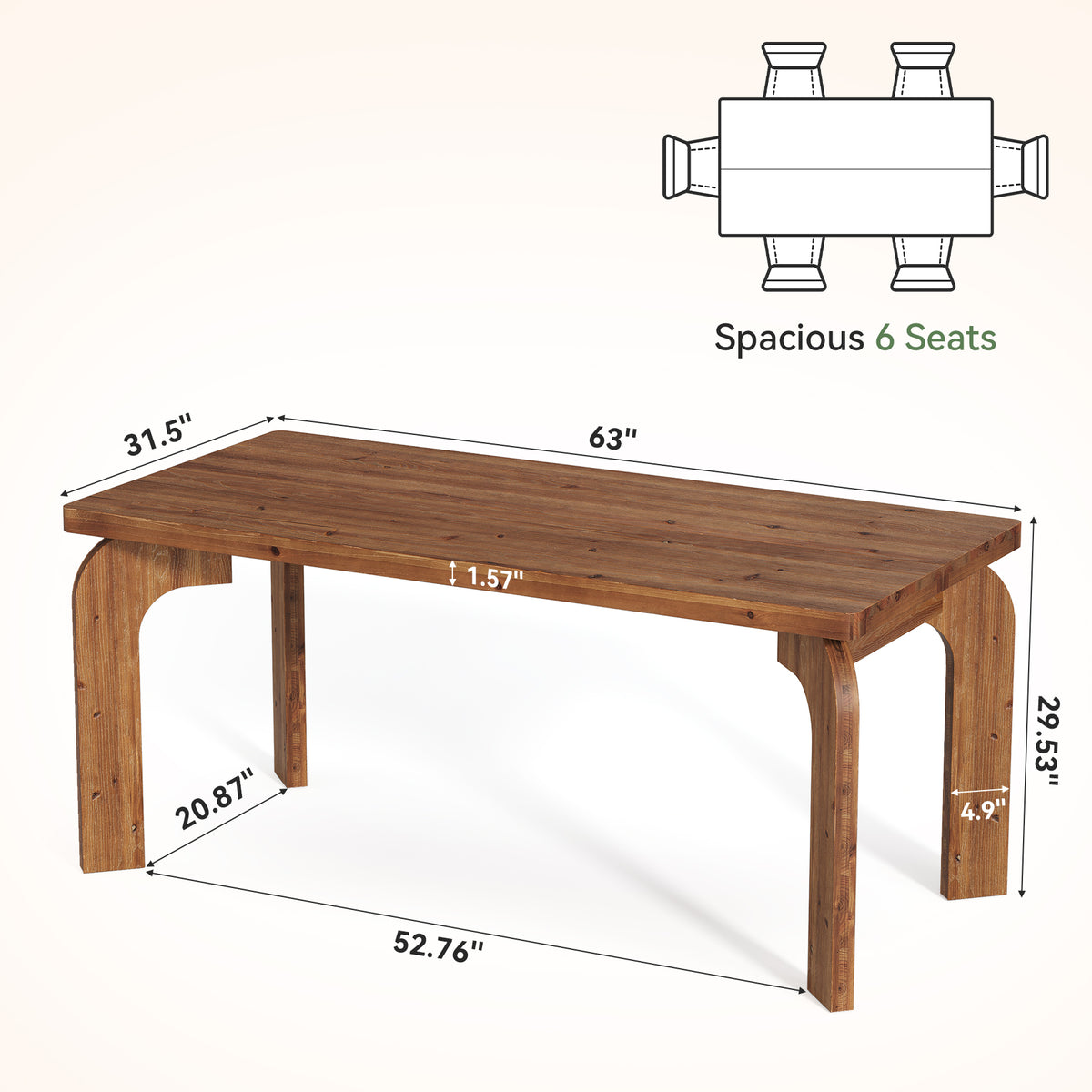 63" Solid Wood Executive Desk with Curved Legs, Rectangular Home Office Desk