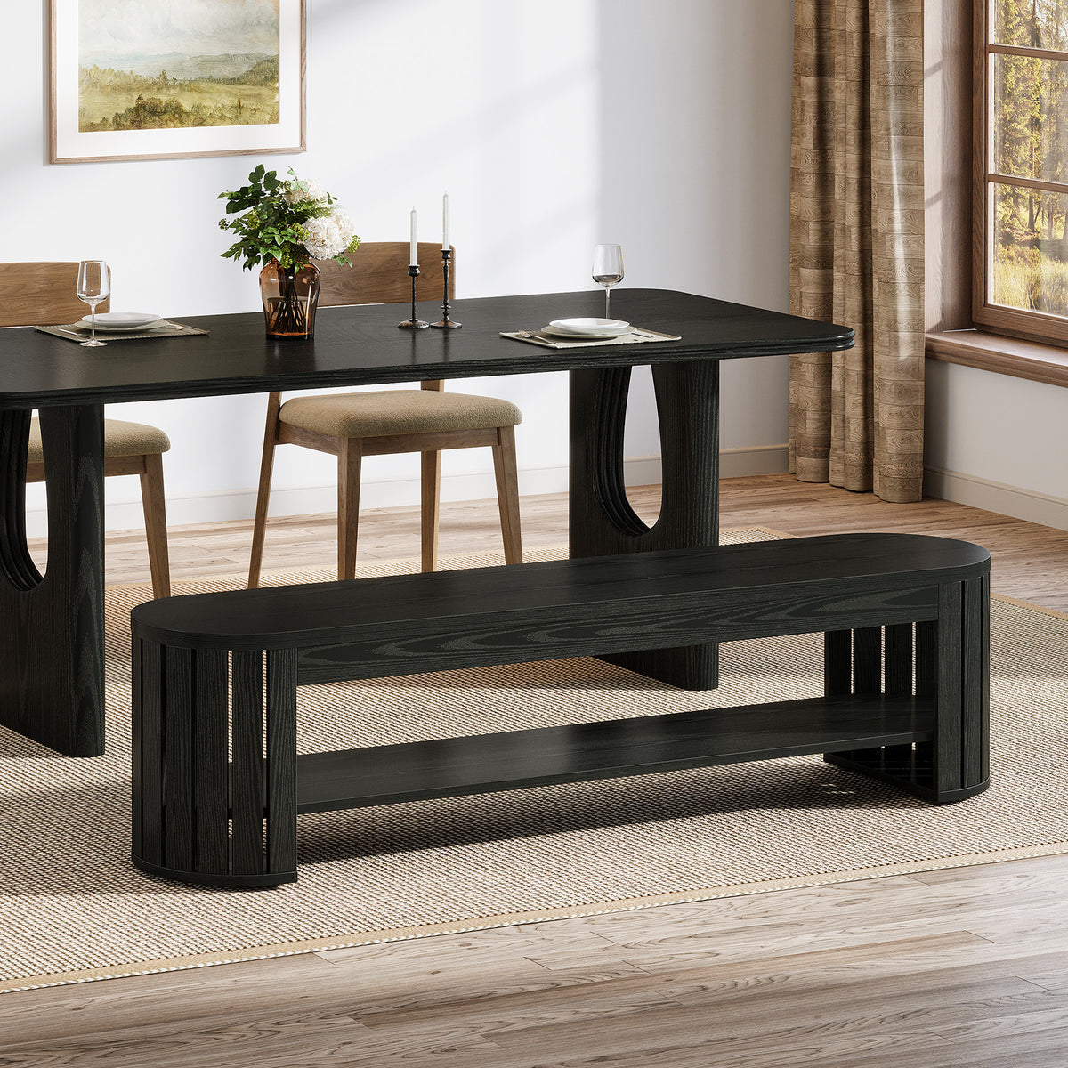 63" Dining Bench, Farmhouse Kitchen Dining Seat with Arc Vertical Slat Splicing Legs