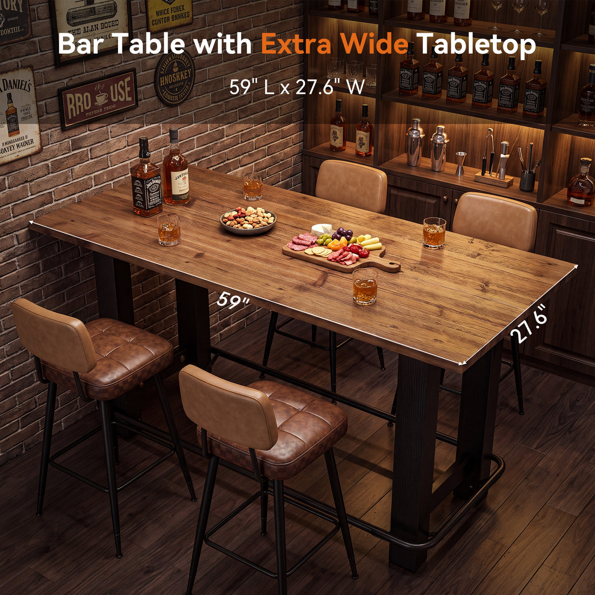 59" Solid Wood Bar Table, Rectangular Pub Table Seats 4 with Metal Footrest for Home Bar