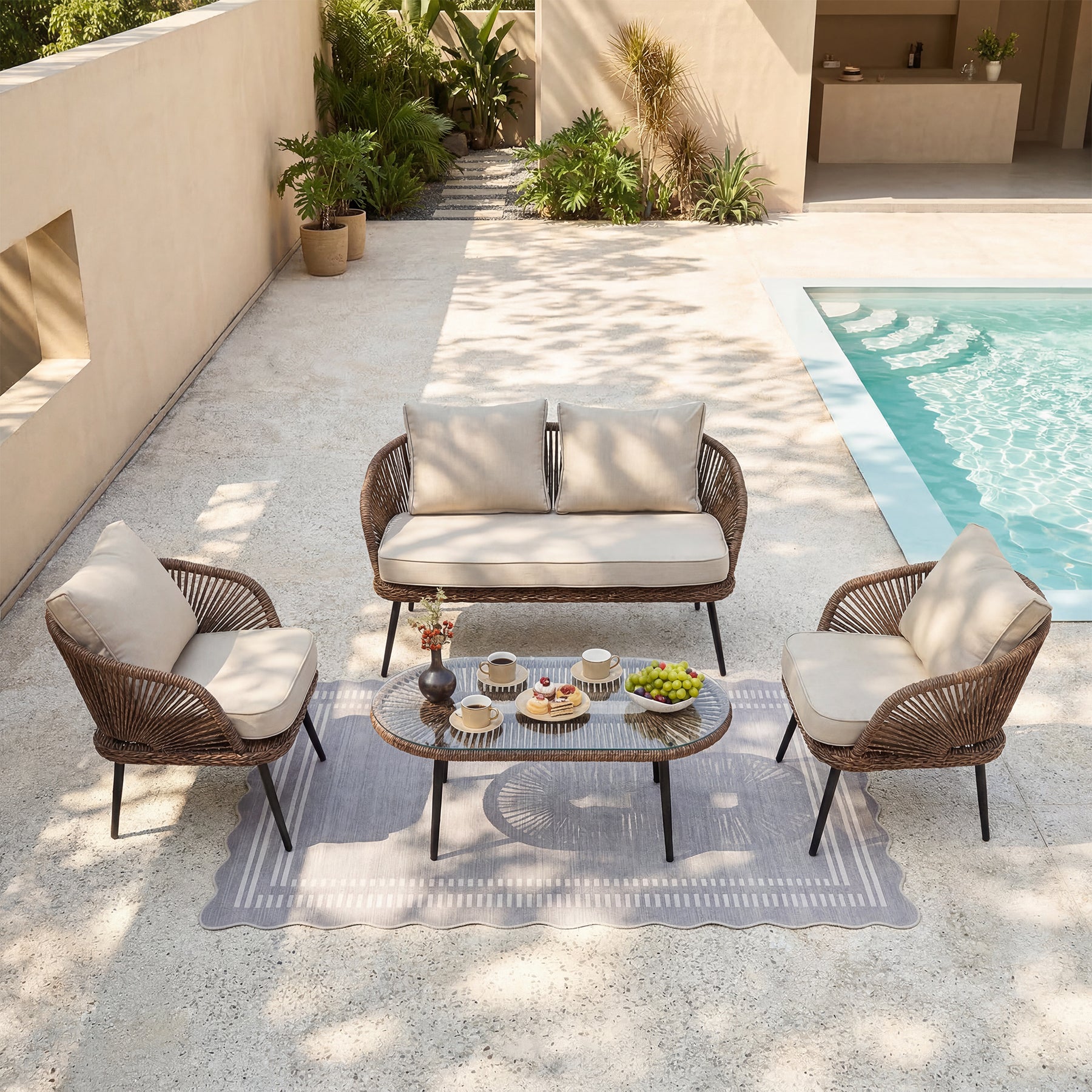 4-Piece Rattan Outdoor Patio Furniture Set with Removable Cushions and Coffee Table
