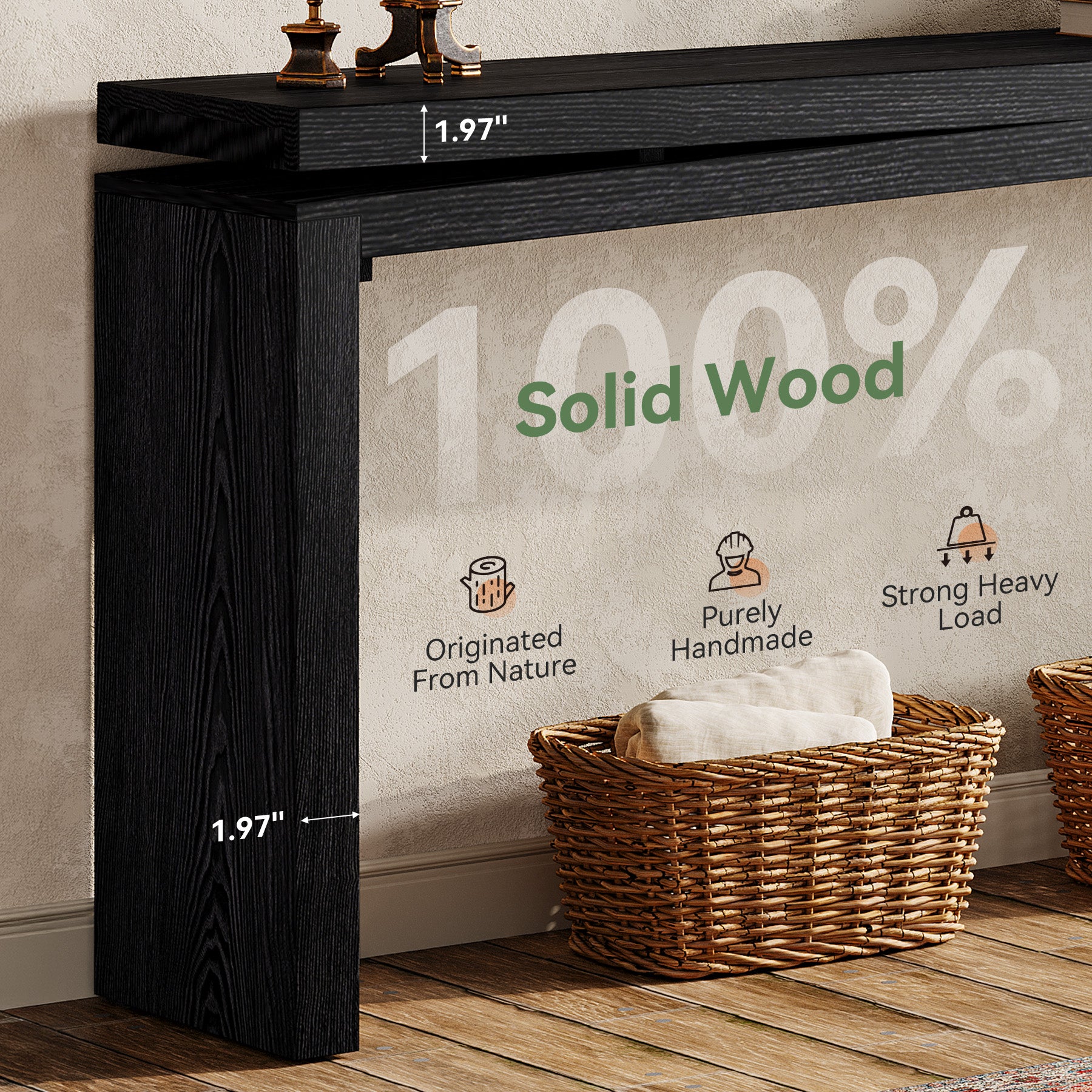 63" Solid Wood Farmhouse Console Table with 2-Tier Shelf, Long Sofa Table for Entryway, Living Room, or Behind Couch