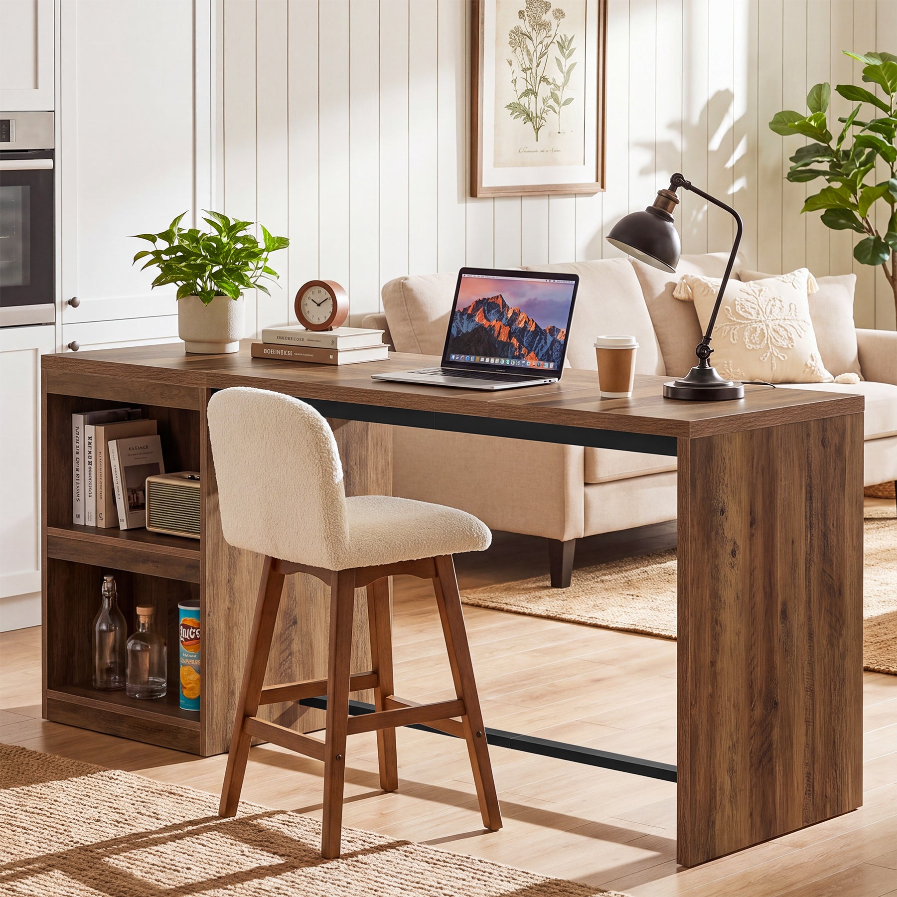 78.74" Bar Table, Large Counter Height Dining Table with Mini Fridge Space & 2 Shelves