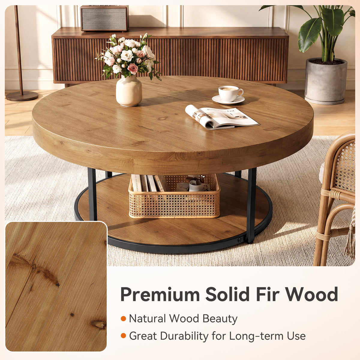 39.17" Solid Wood Round Coffee Table, 2-Tier Center Table with Metal Frame