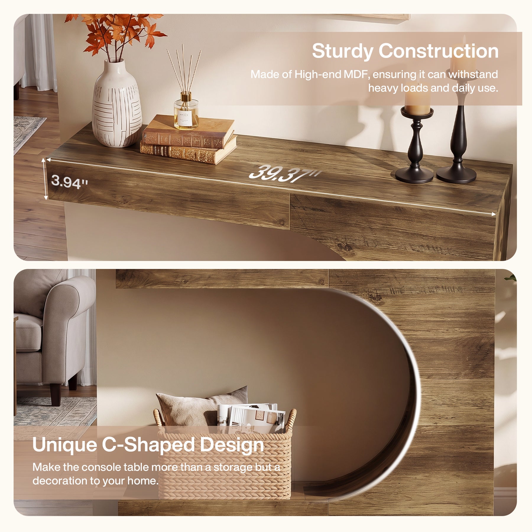 39.4" C-Shaped Console Table, 2-Tier Entryway Sofa Table Behind Couch for Hallway