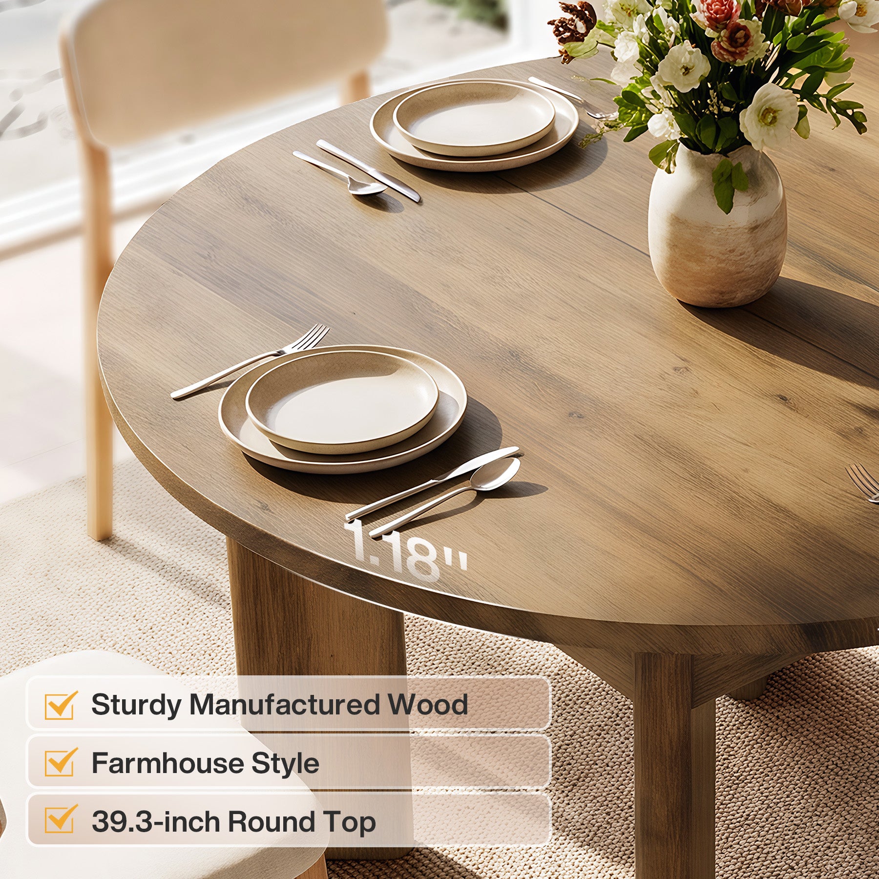 39" Round Dining Table for 4, Farmhouse Kitchen Table with Thick Pedestal Legs for Small Spaces
