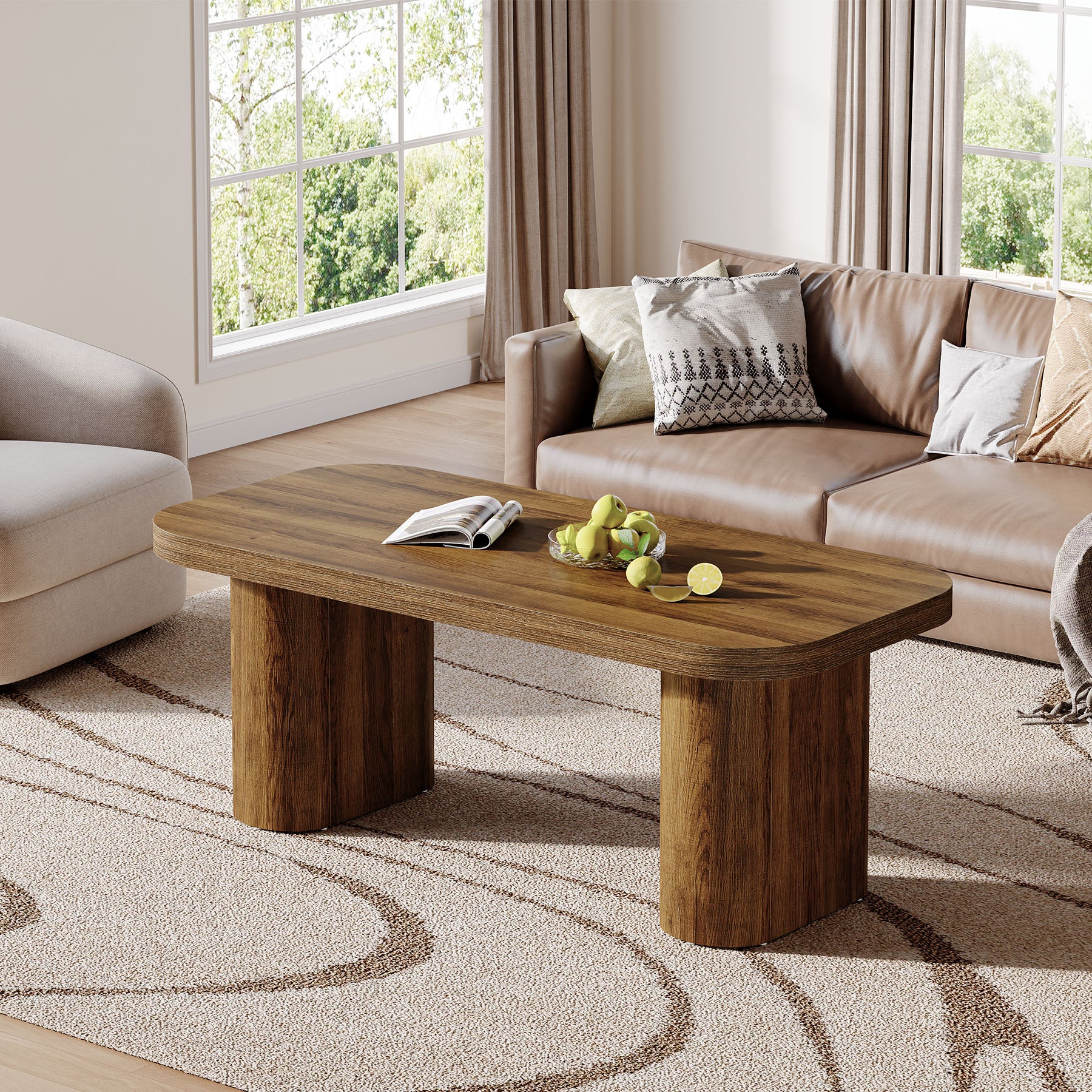 47-Inch Farmhouse Coffee Table, Rectangular Center Table with Rounded Corners and Sturdy Base