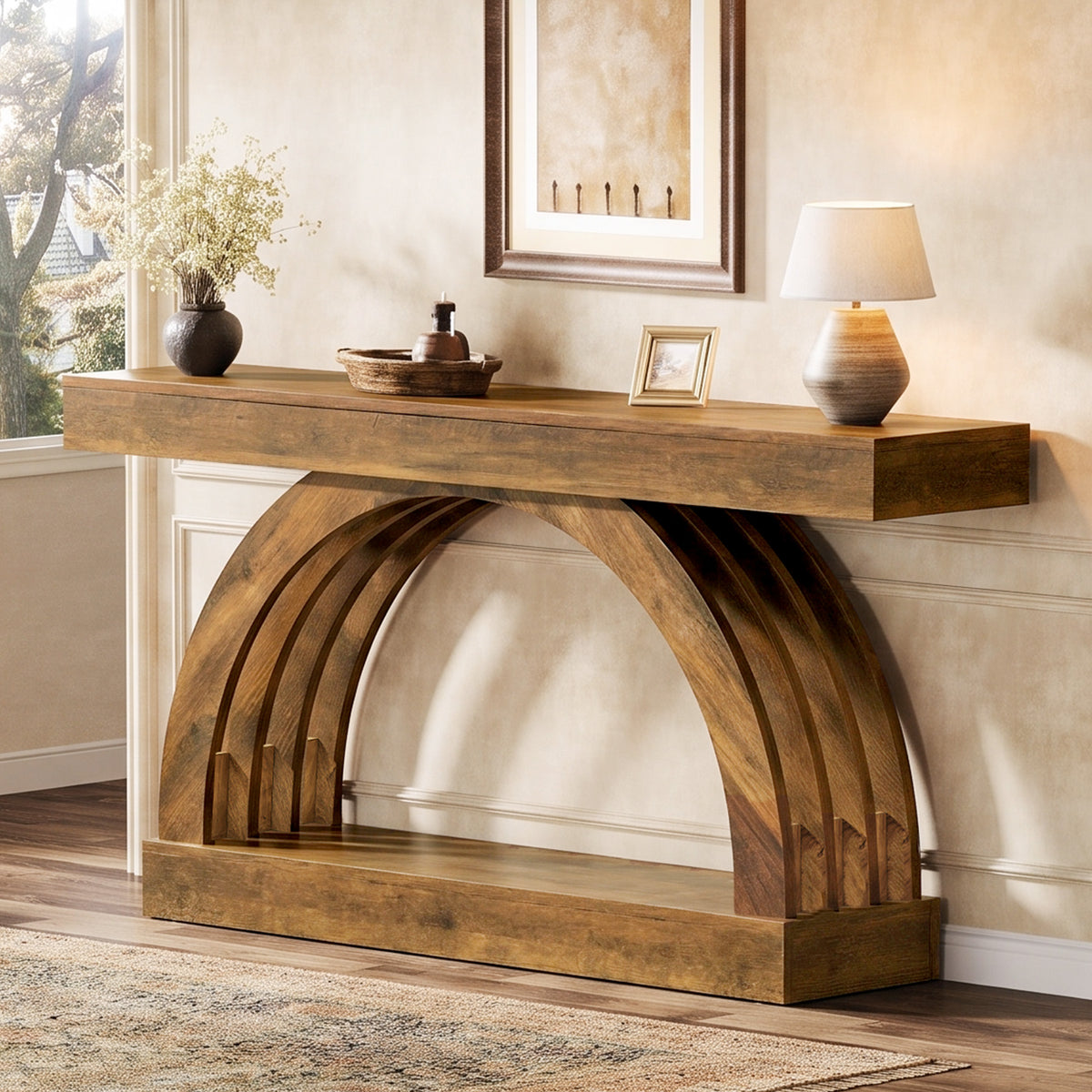 2-Tier Console Table, 63" Unique Arched Sofa Table Behind The Couch
