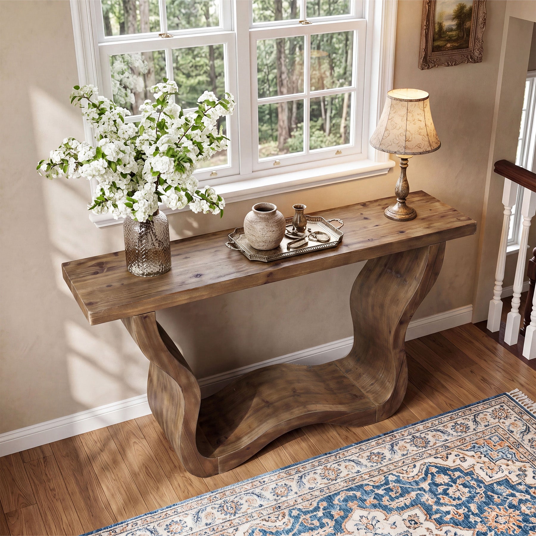 55" Solid Wood Farmhouse Console Table, Artistic Entryway Sofa Table for Hallway & Living Room