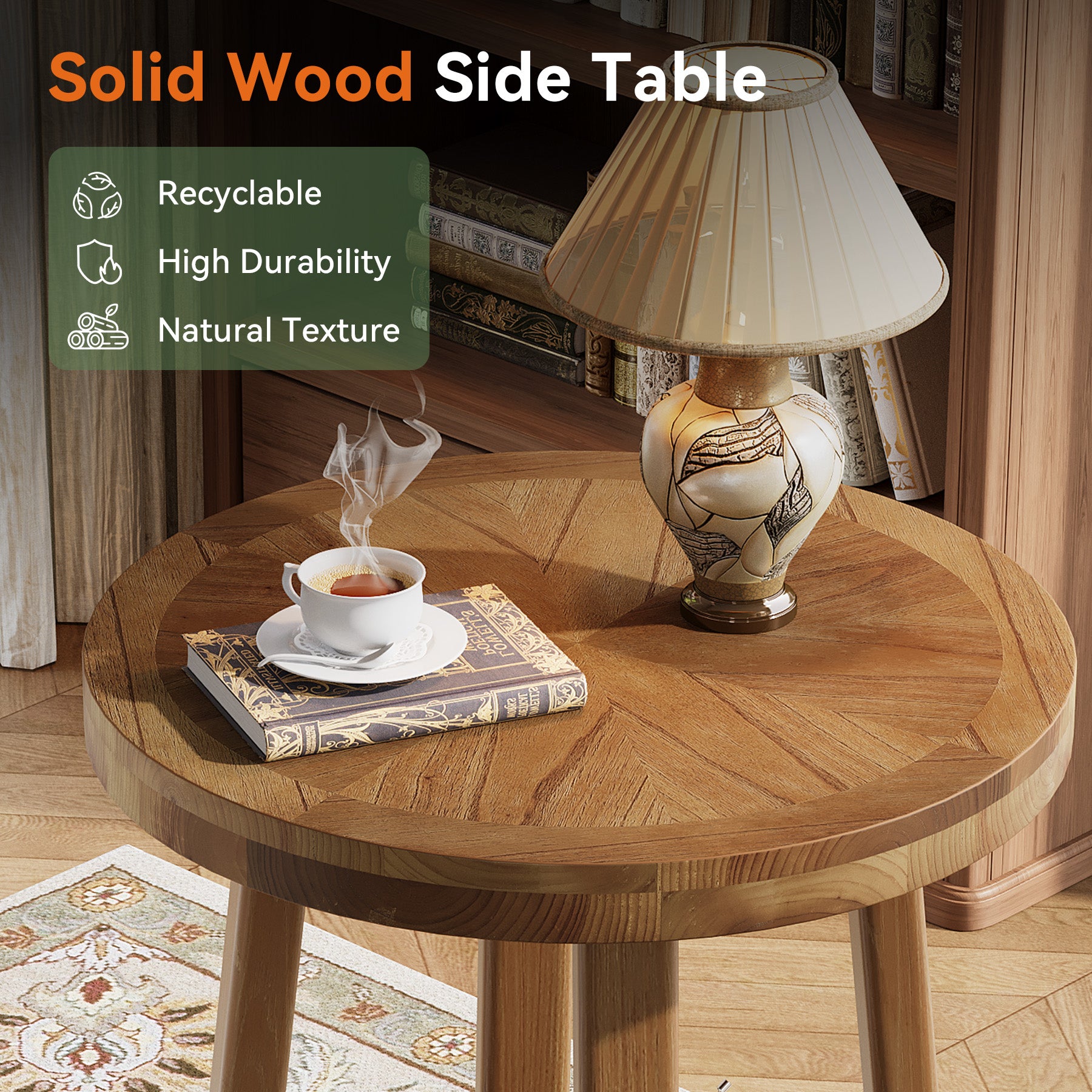 19.6" Round End Table, Solid Wood Side Table with 2-Tier Storage