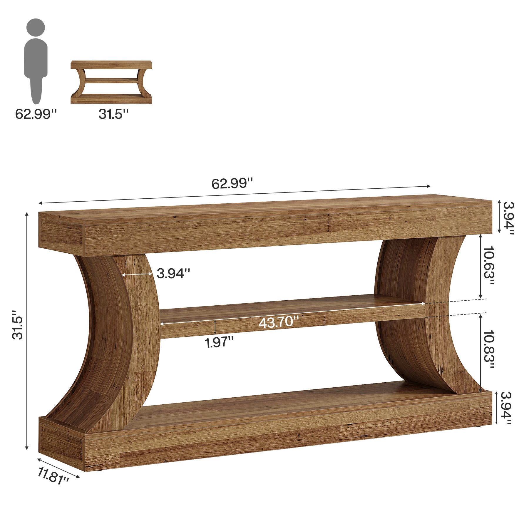 63" Farmhouse Console Table with Storage, Curved Entryway Sofa Table & TV Console with 3-Tier Shelves