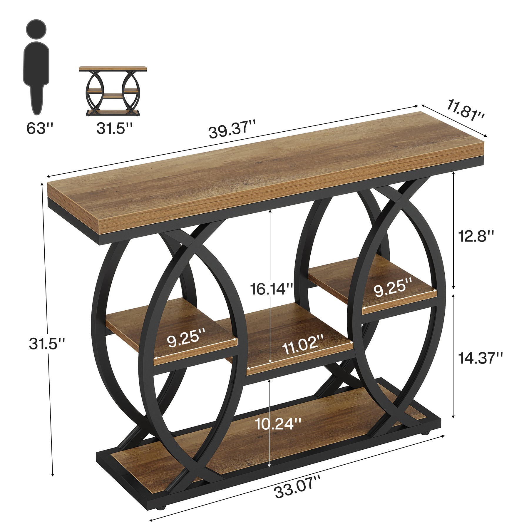 4-Tier Console Table, 39" Sofa Entryway Table with Storage Shelves