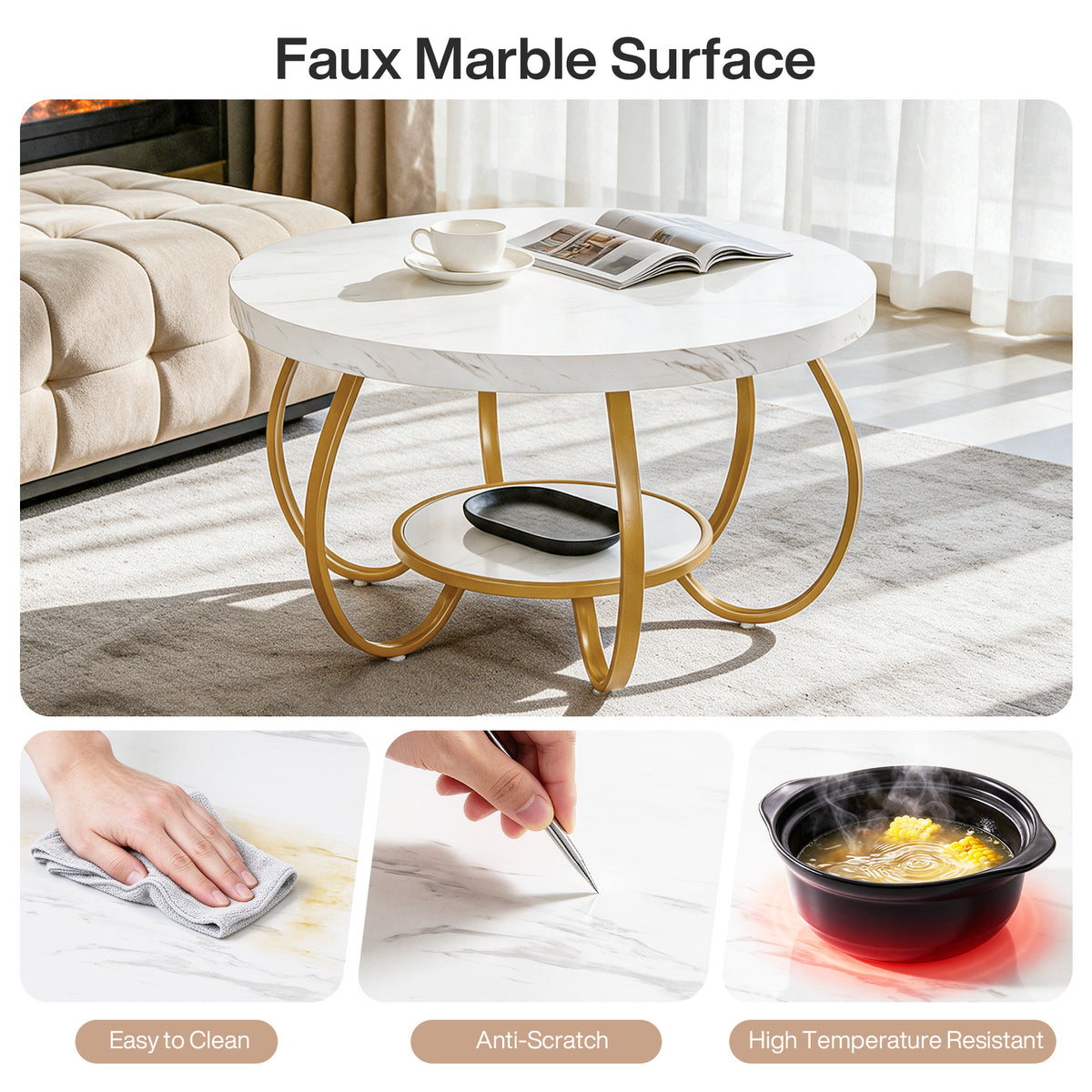 31.5" Round Coffee Table, 2-Tier Modern Center Table with Faux Marble Top & Metal Base