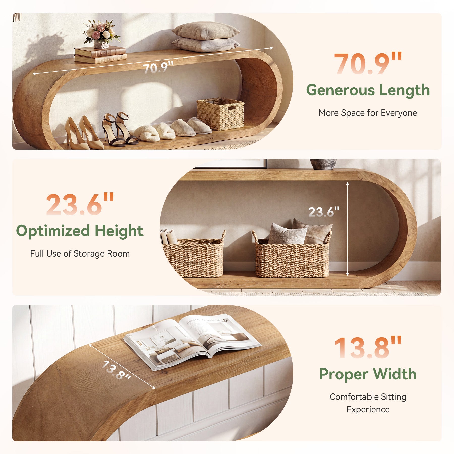 70.8" Entryway Bench, 2-Tier Solid Wood Shoe Bench for Hallway & Bedroom