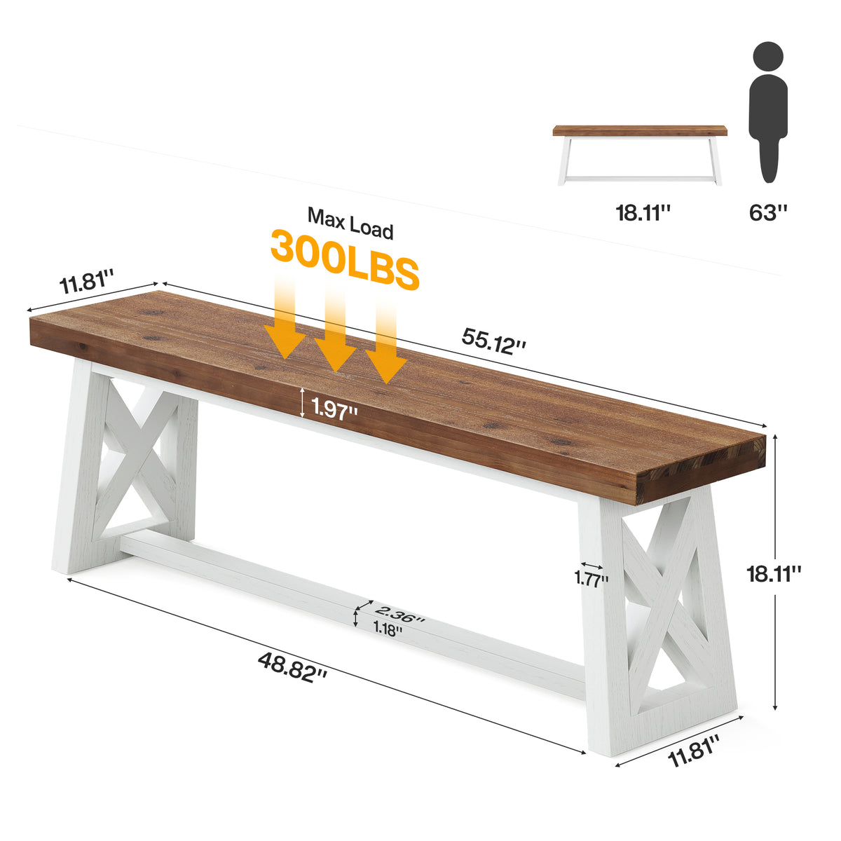 55" Farmhouse X-Leg Bench, Solid Wood Long Entryway Hallway Bench, Dining Room
