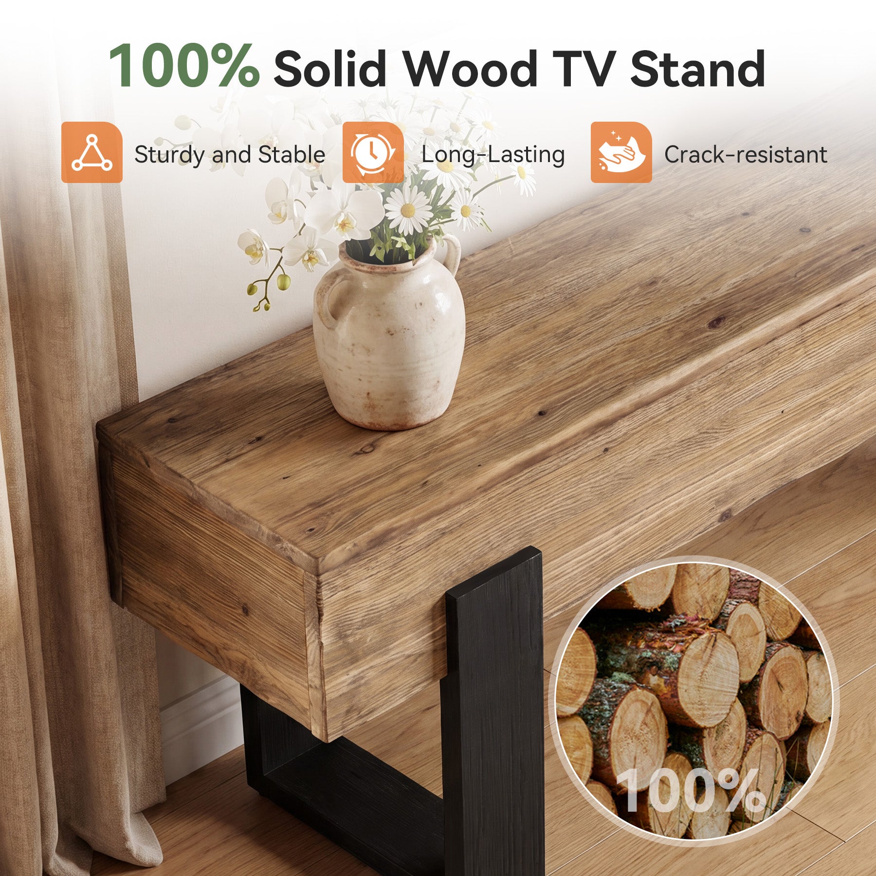 63" Solid Wood TV Stand, Farmhouse Entertainment Center for 55/60/65/75-Inch TVs