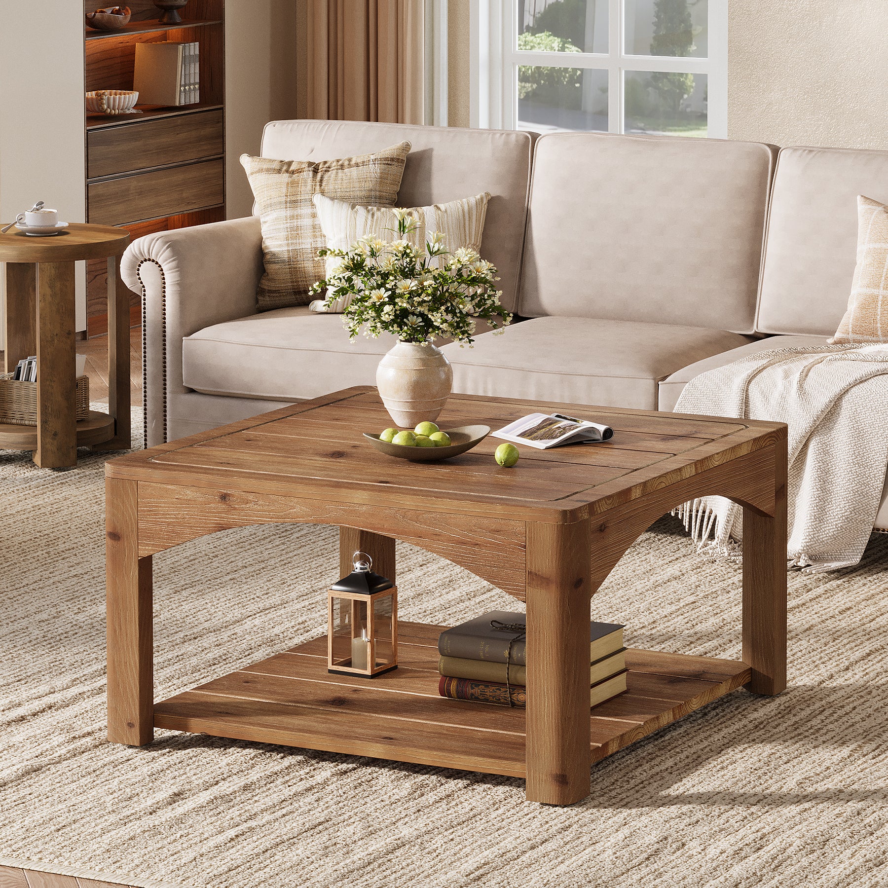 31.5" Square Coffee Table, Solid Wood 2-Tier Center Table for Living Room