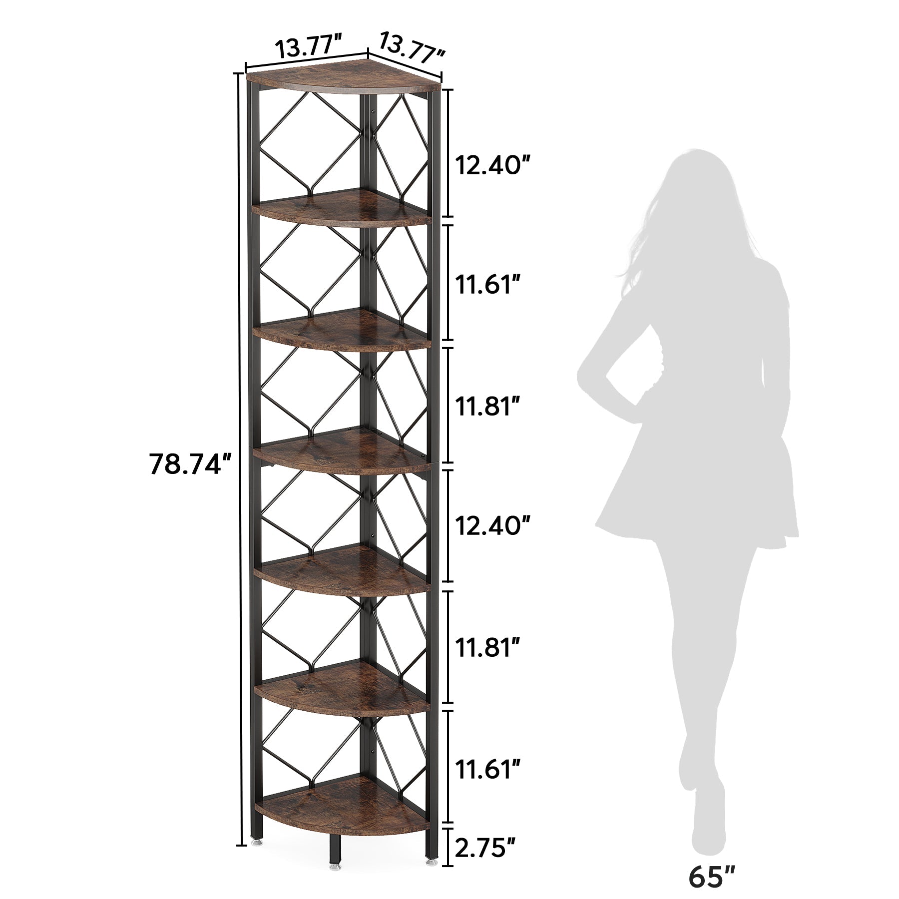 7-Tier Corner Shelf, 78.7" Corner Bookcase Slim Corner Storage Rack