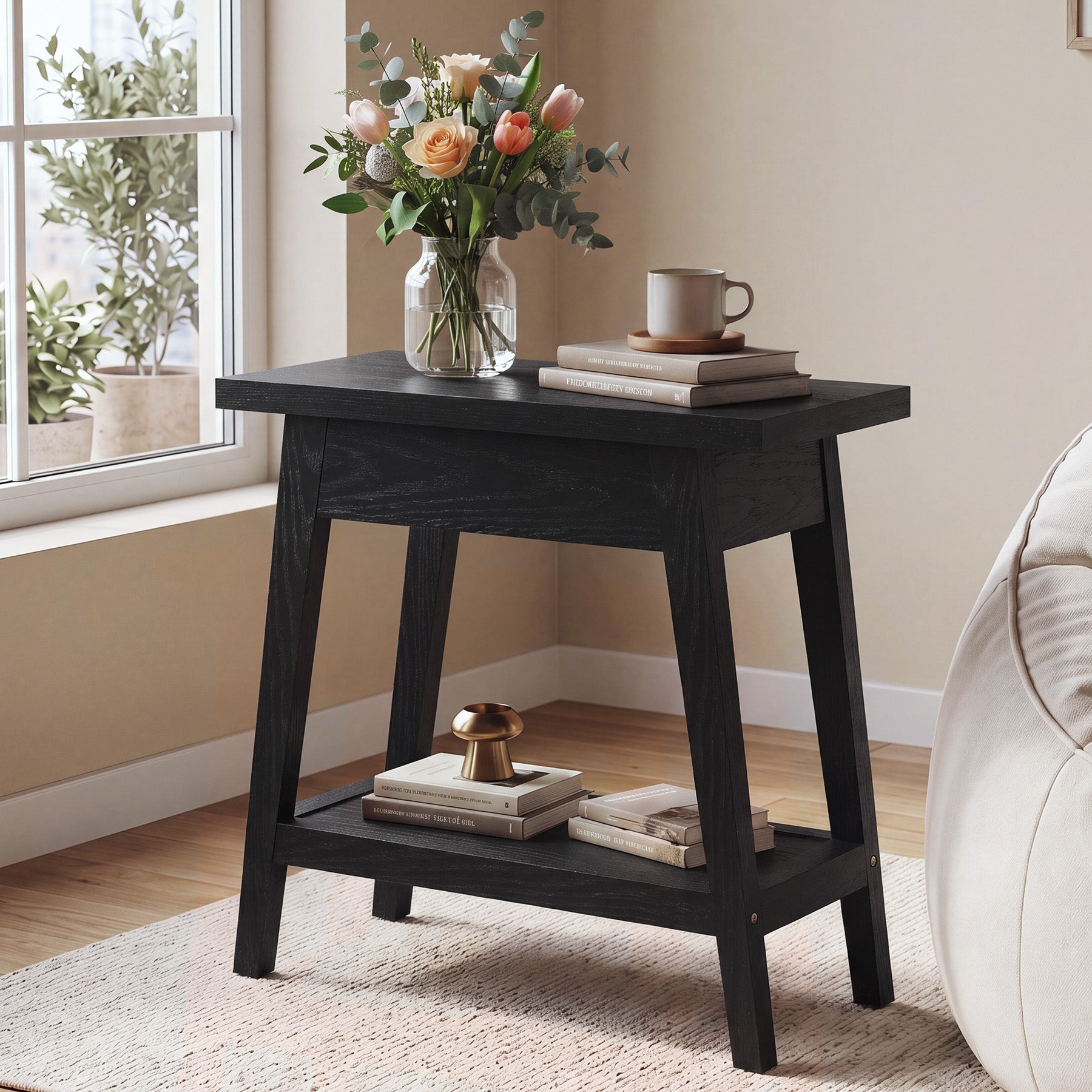 2-Tier Solid Wood End Table, Farmhouse Side Table with Storage for Living Room