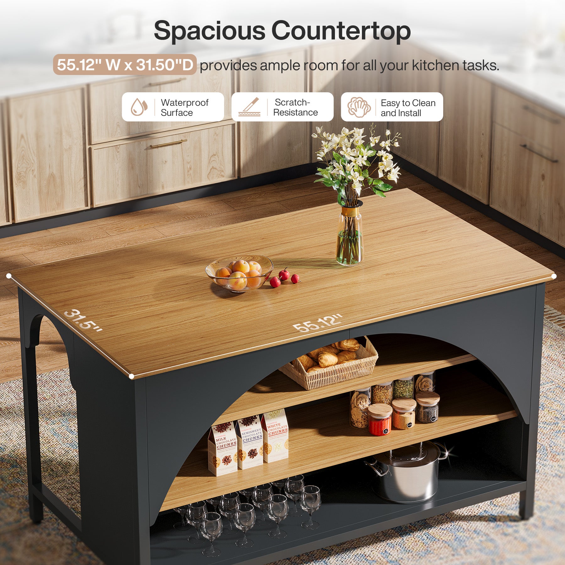 Kitchen Island with 3 Storage Shelves, 55" Kitchen Shelf with Large Countertop