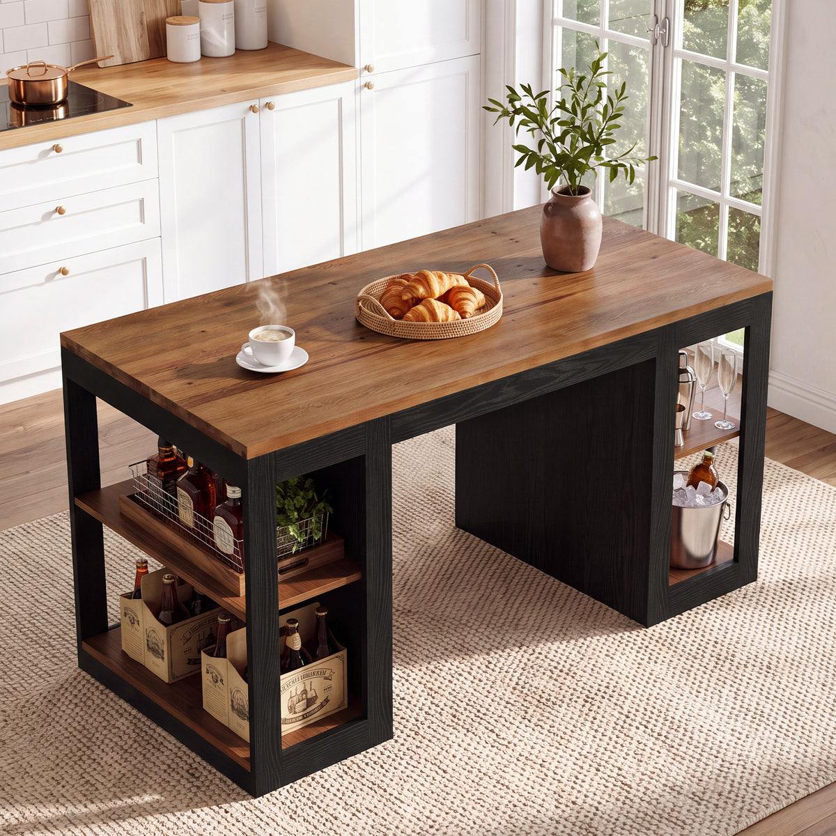 63" Solid Wood Counter Height Bar Table with 2-Tier Storage & Thick Top