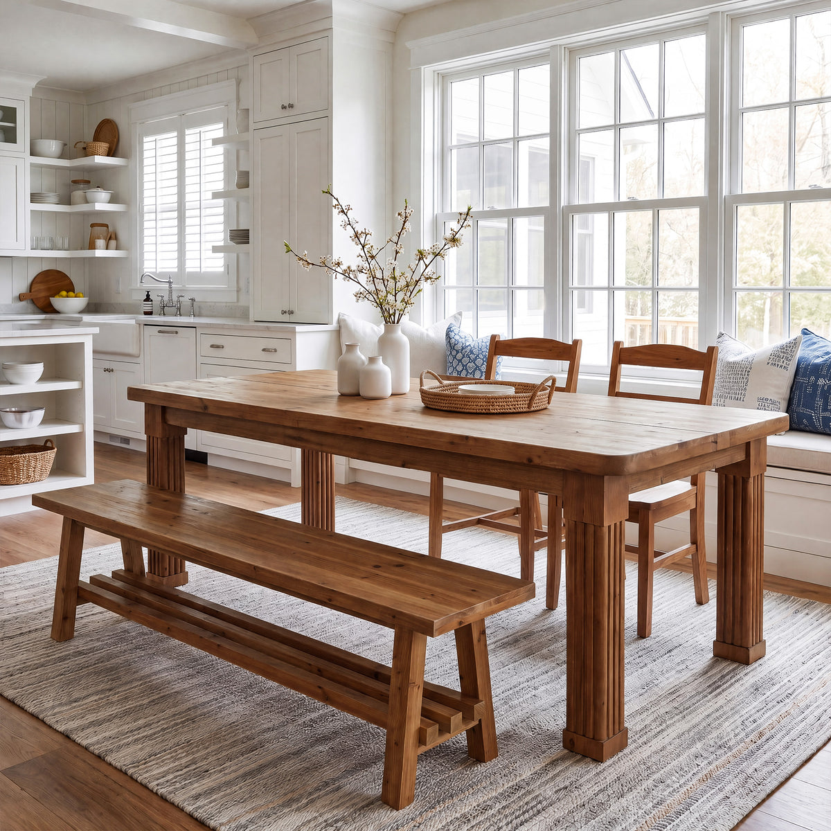 63" Farmhouse Solid Wood Dining Table for 4-6, Fluted Legs