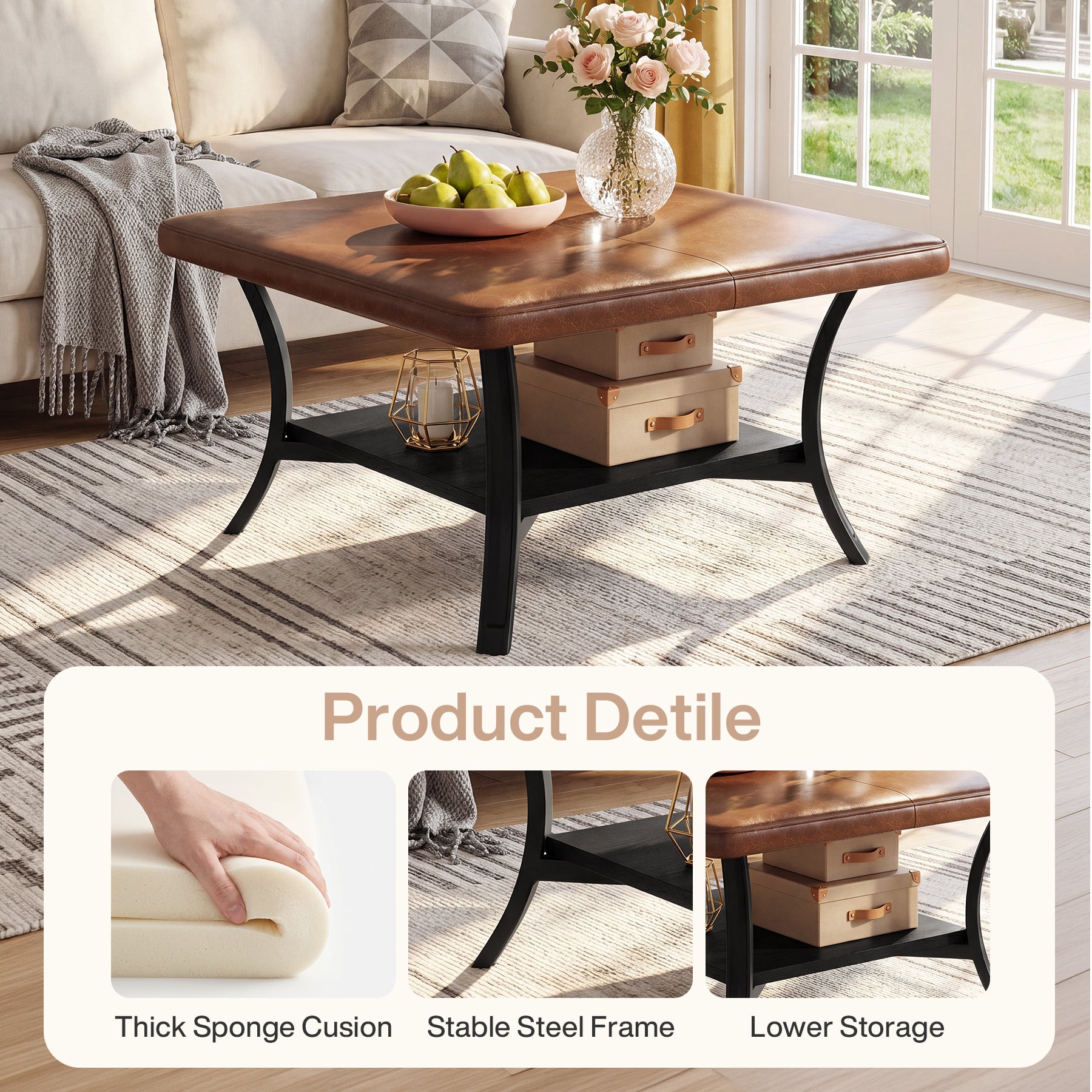 31.5" Square Coffee Table with Upholstered PU Leather Top, Modern Ottoman Coffee Table for Living Room