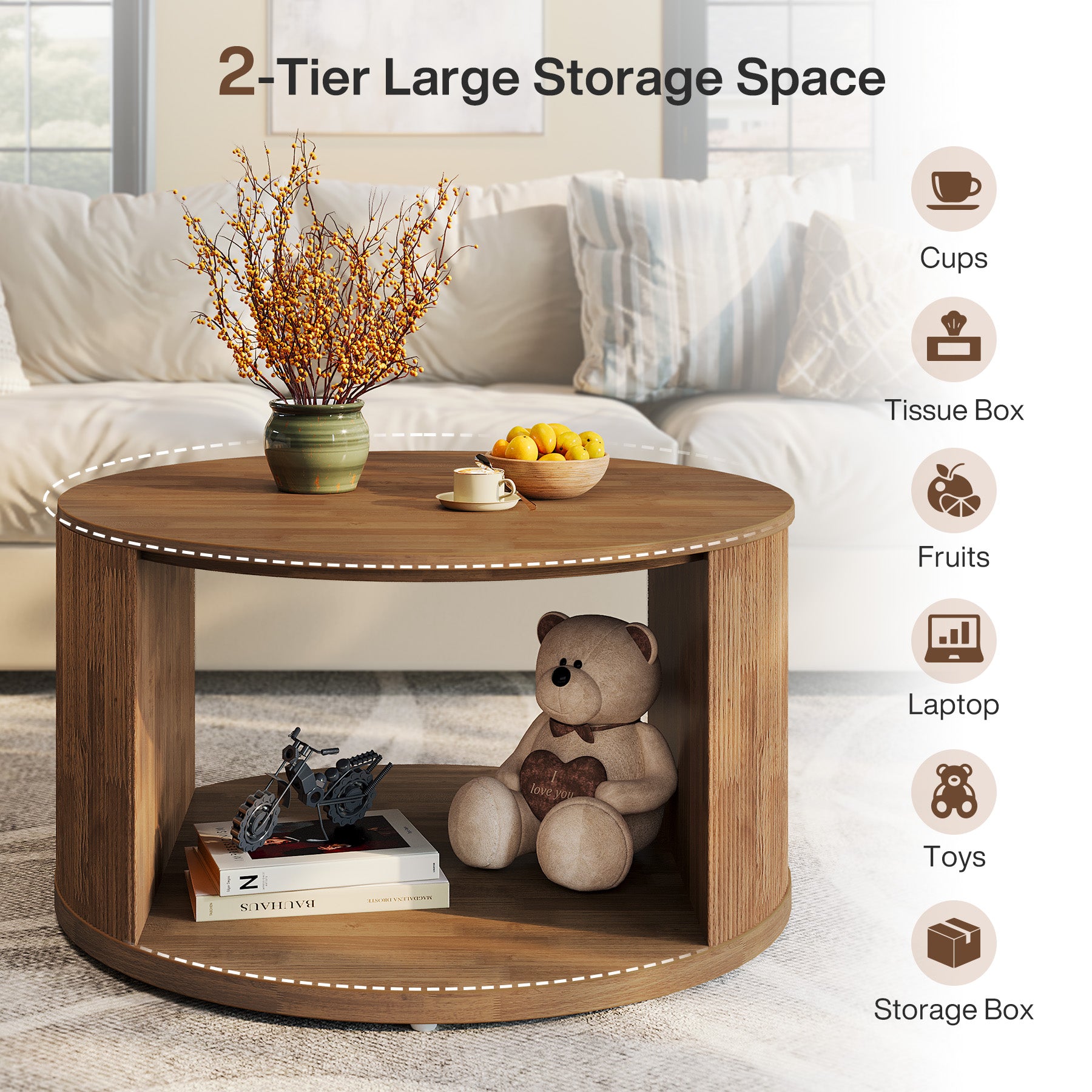 Round Coffee Table, 31.5" Center Table with Fluted Drum Base and Alcove Storage