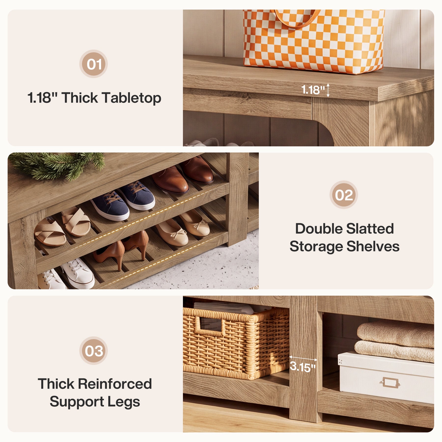 71" Extra Long Entryway Bench with Shoe Storage, Farmhouse 2-Tier Slatted Shoe Rack