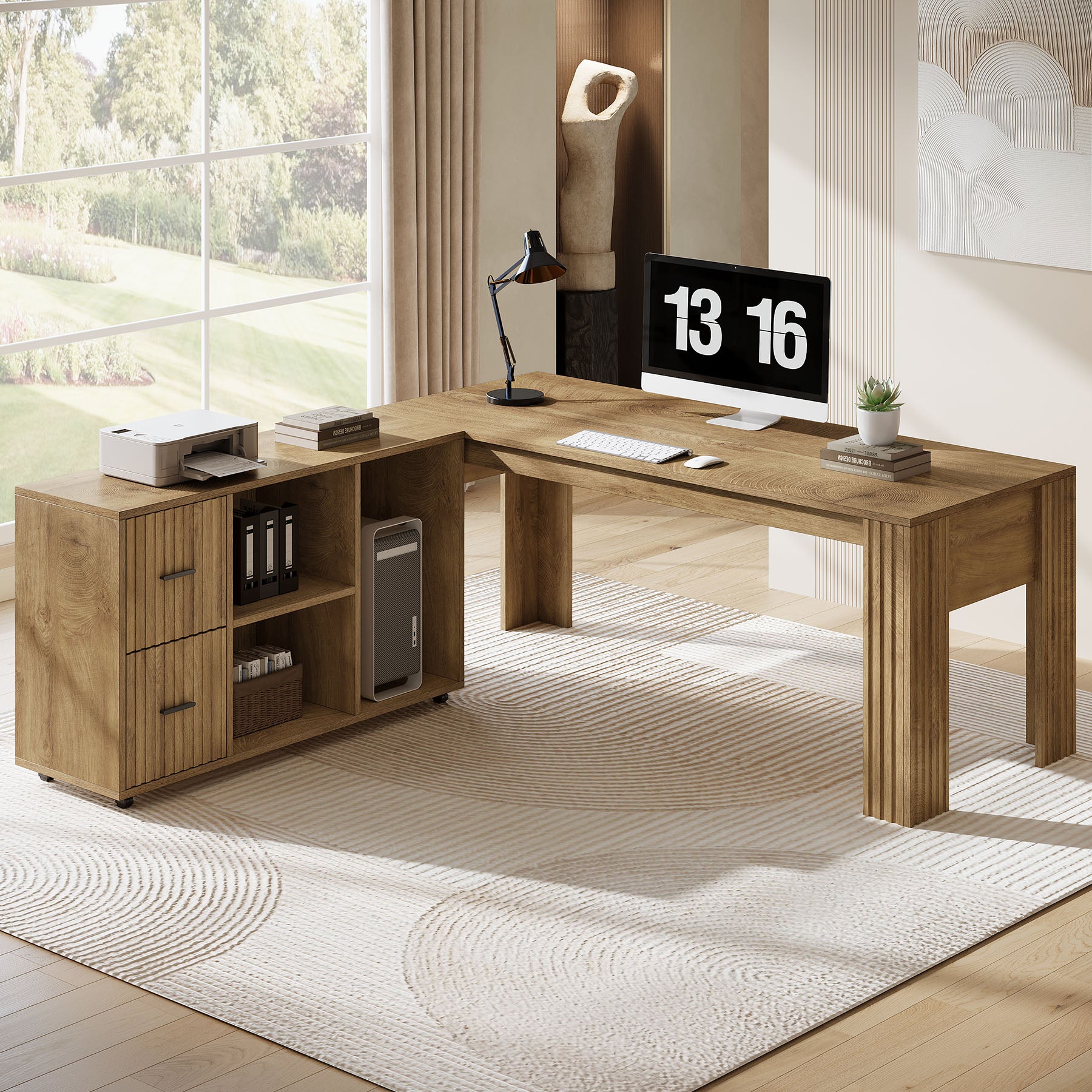 Reversible L-Shaped Executive Desk, 63" Computer Desk with Mobile File Cabinet for Home Office