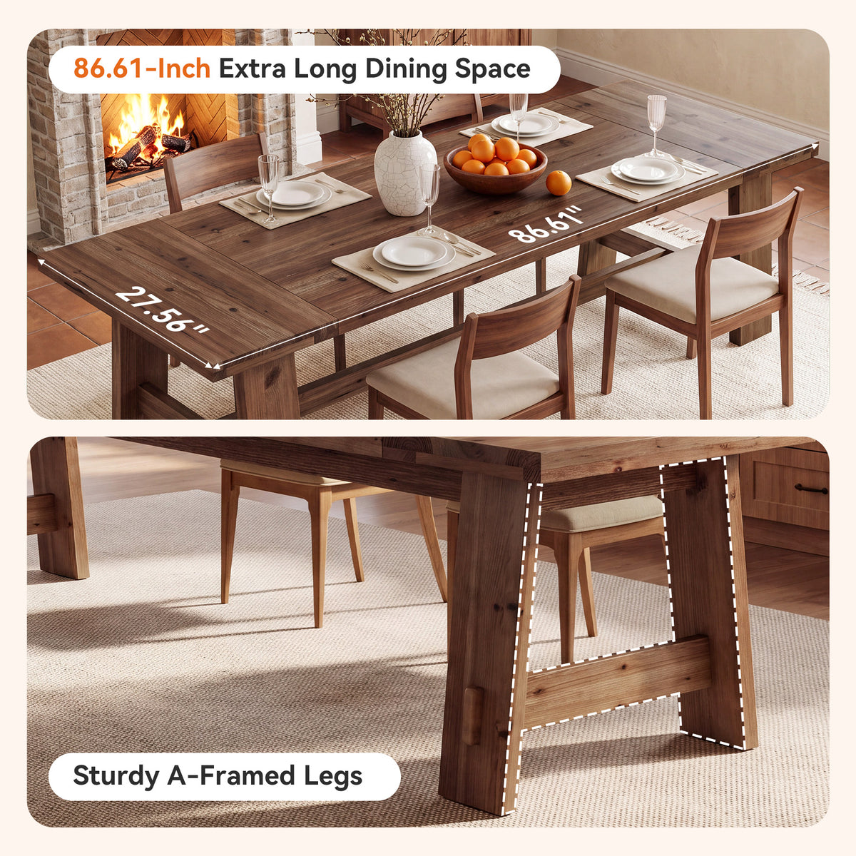 86.61" Solid Wood Dining Table, Rectangular Kitchen Table with A-Shaped Legs for 8-10