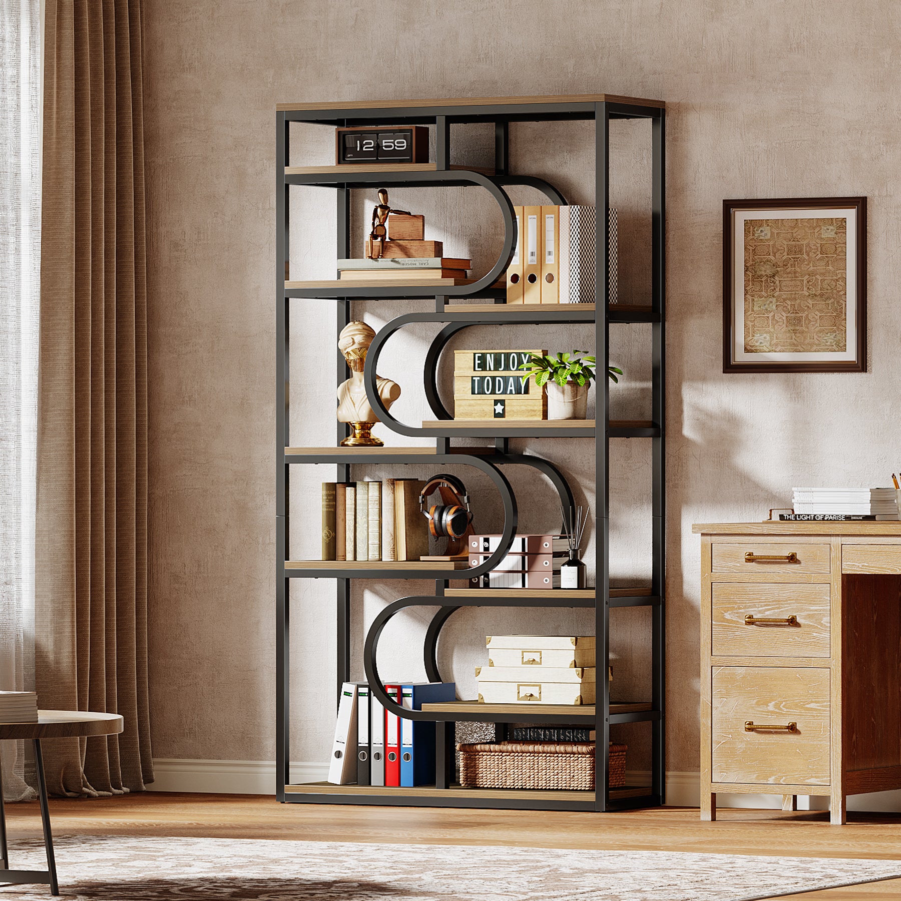 71" Bookshelf, Industrial Etagere Bookcase with Open Storage Shelves