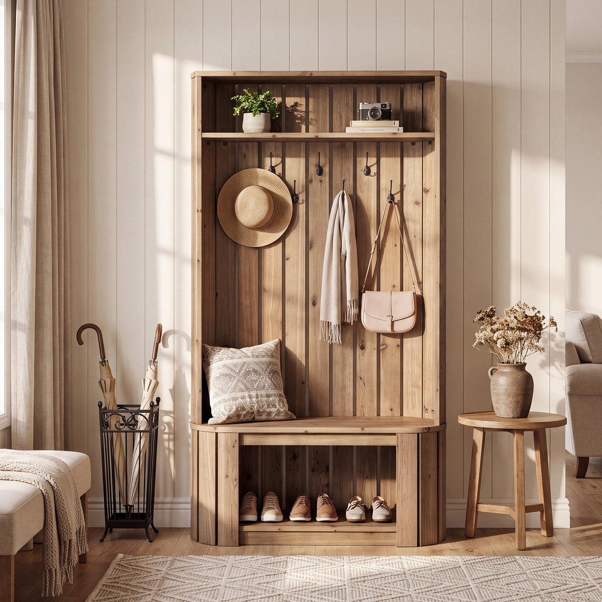 Solid Wood Hall Tree with Bench & Shoe Storage, 7 Hooks, Freestanding Entryway Coat Rack