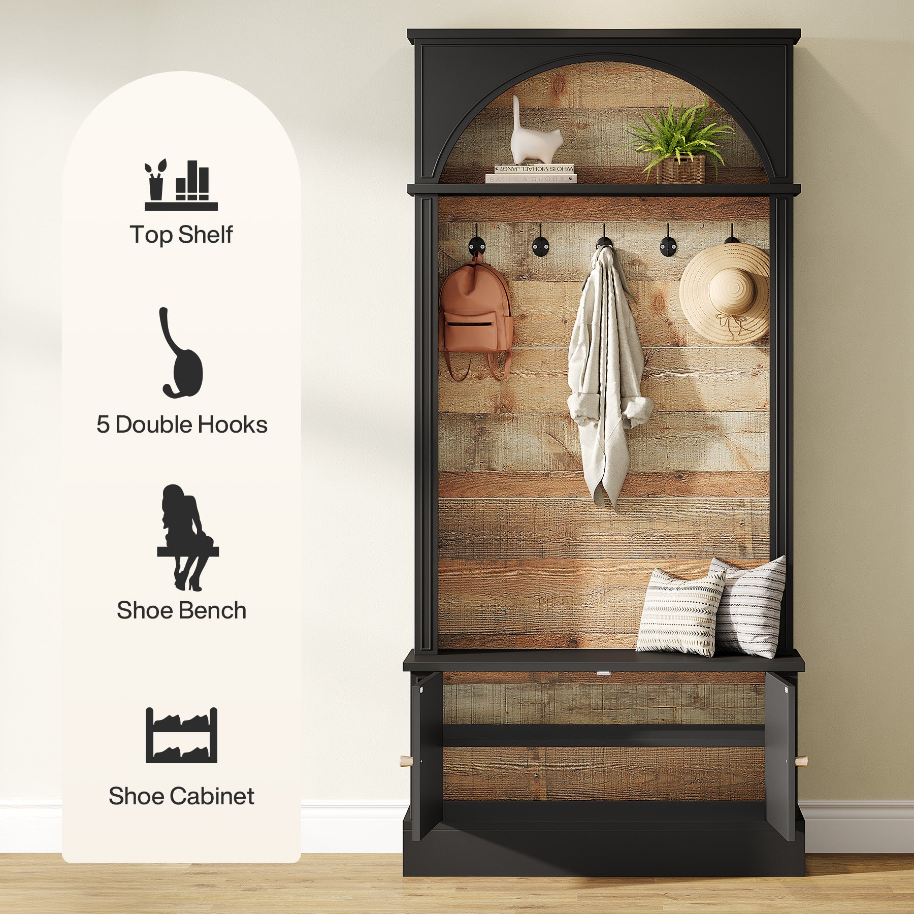70.8" Hall Tree, 4-in-1 Entryway Coat Rack Shoe Storage with 5 Double Hooks