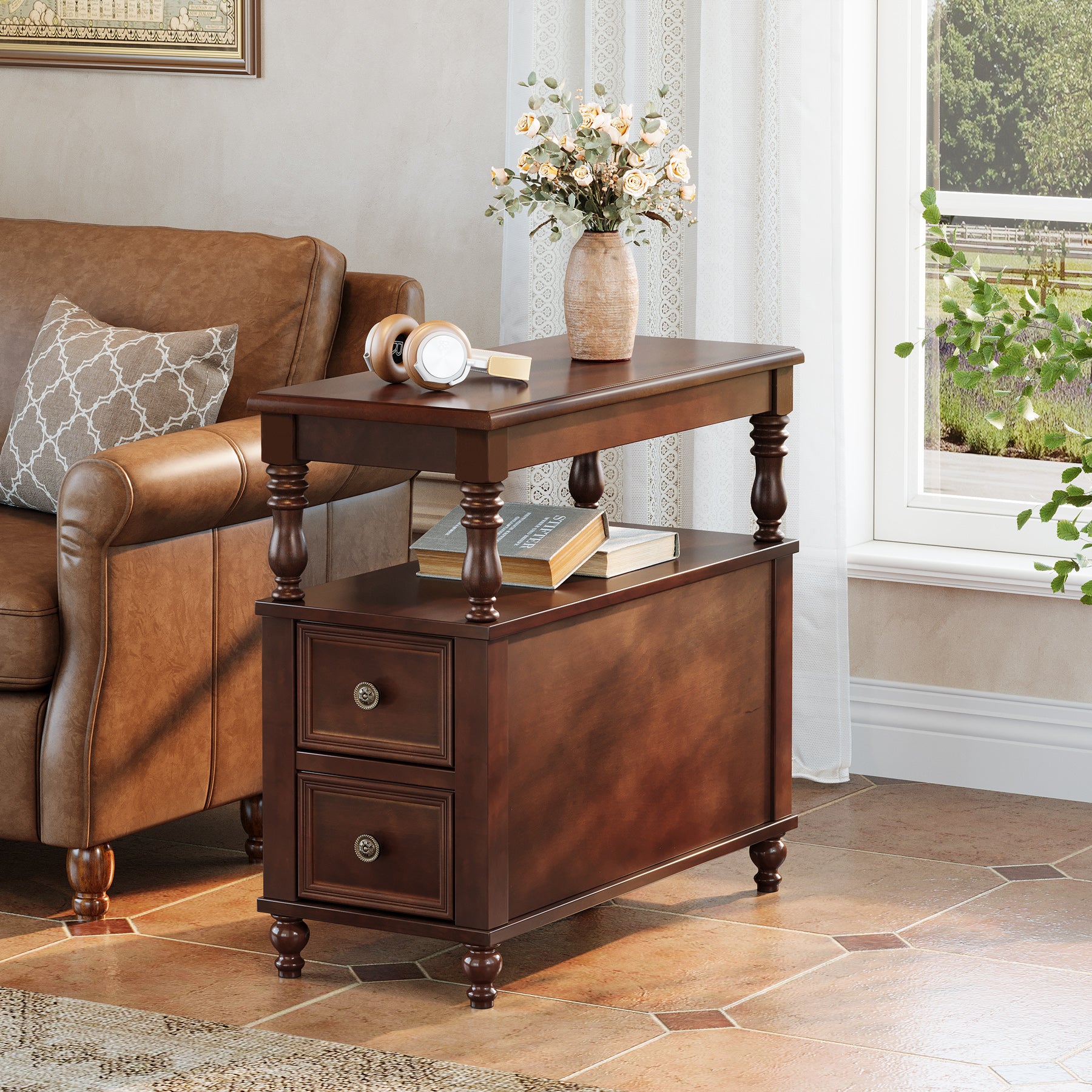 23.6" End Table, Solid Wood Accent Nightstand Bedside Table with Double Drawer