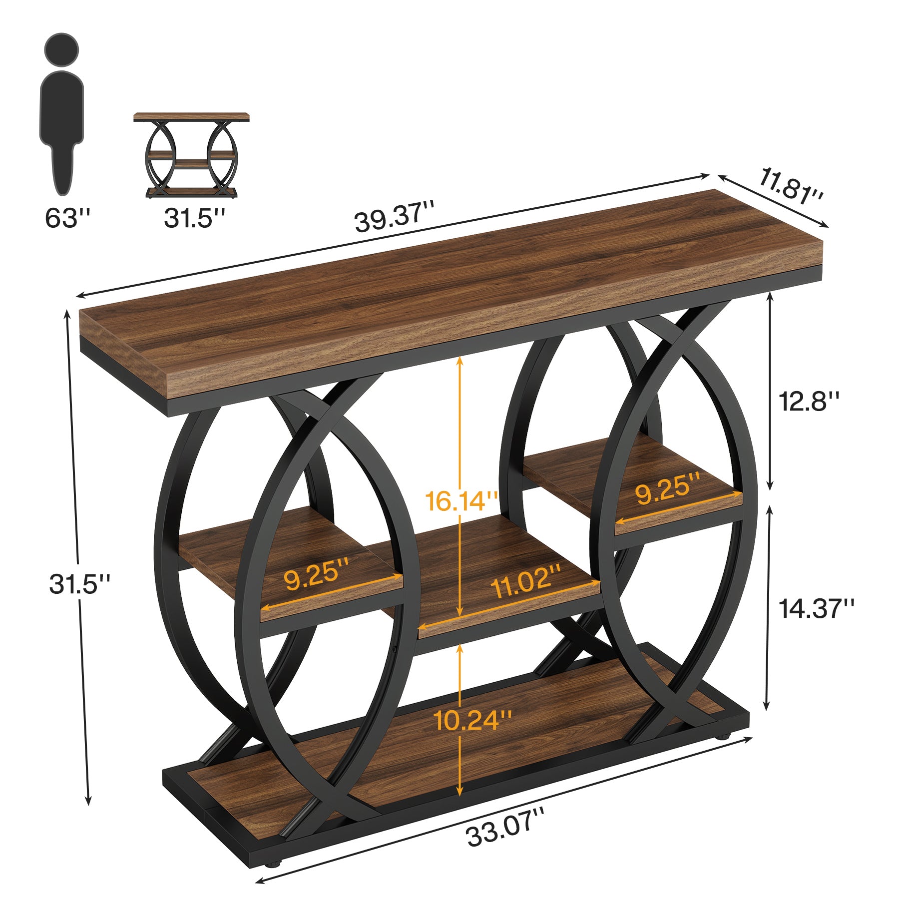 39.4" Console Table, Industrial 4-Tier Sofa Table Entryway Table with Storage Shelves