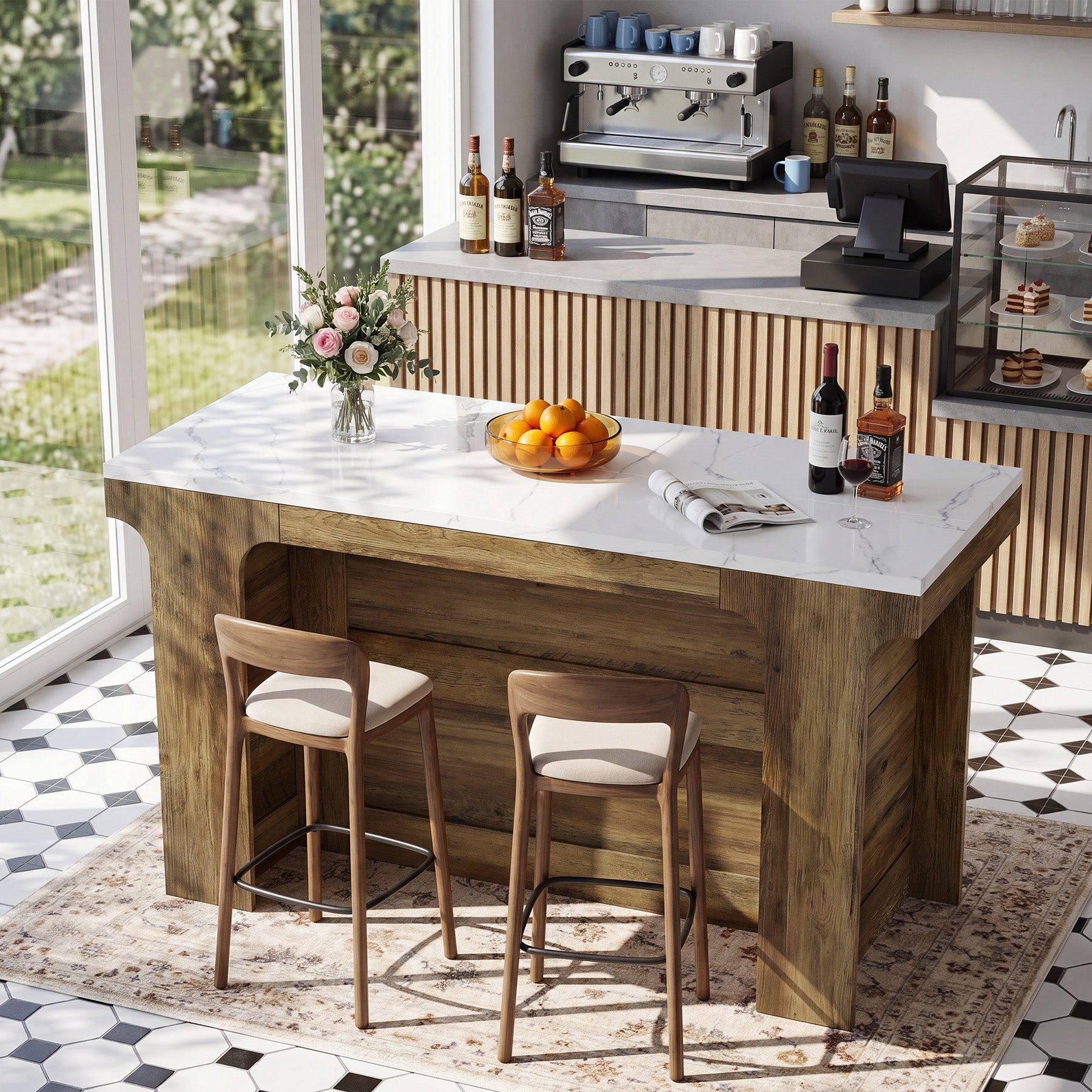 59'' Bar Table, Modern Counter Height Table with Faux Marble Top for Kitchen, Bistro