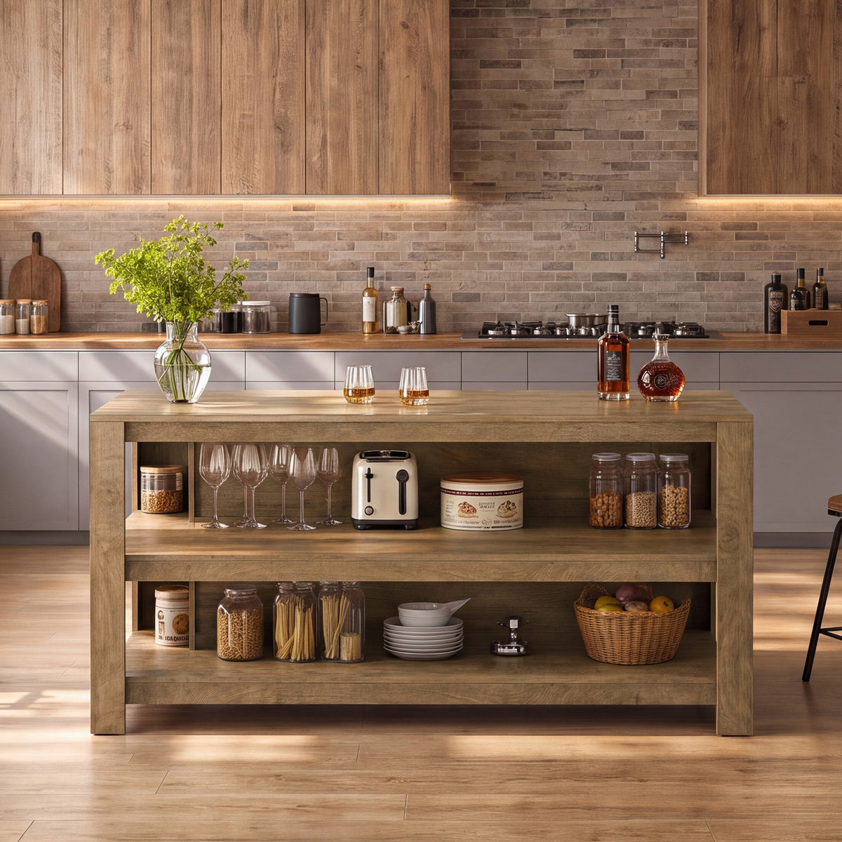 63" Kitchen Island, 2-Tier Counter Height Bar Table with Storage for Kitchen, Dining Room