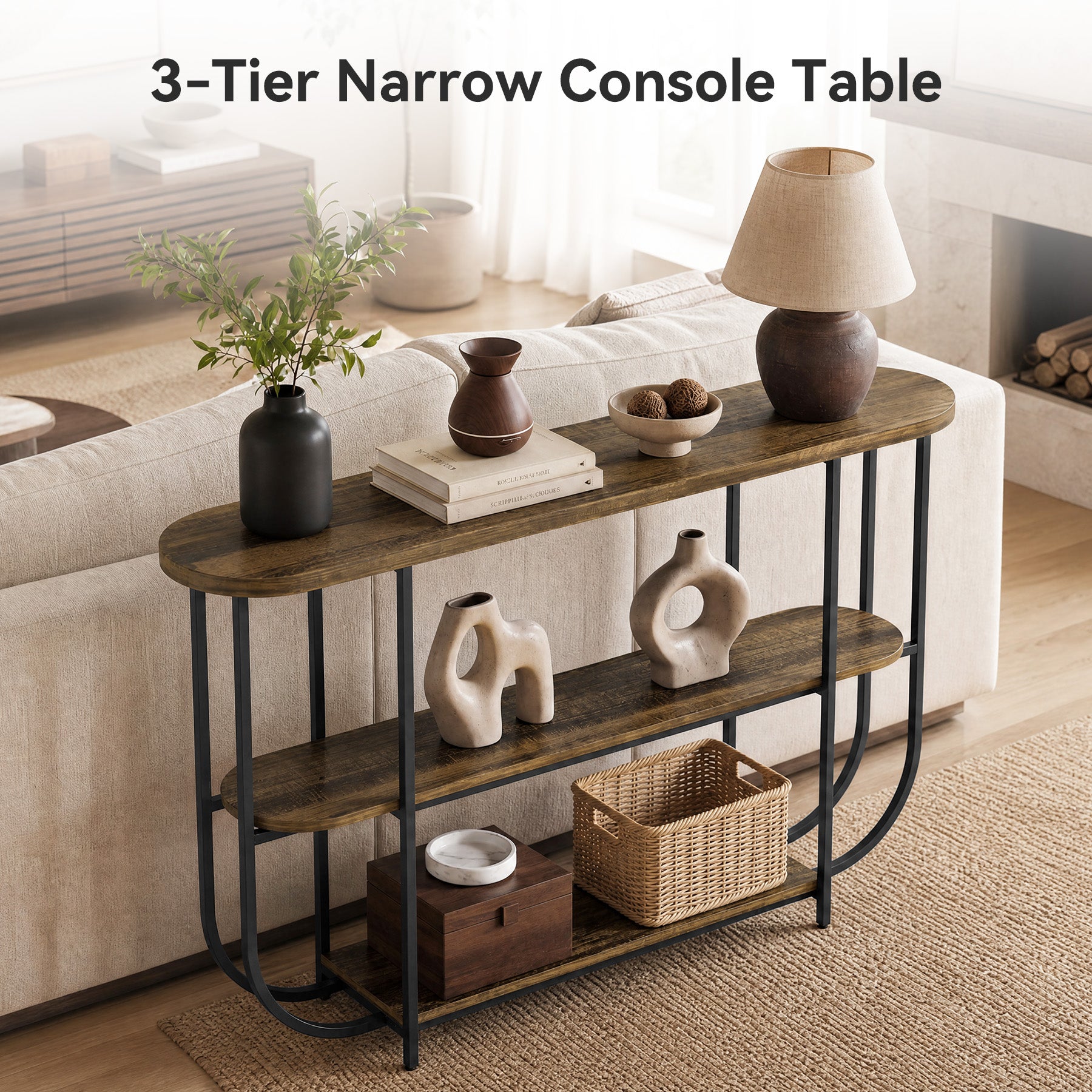 63" Console Table, 3-Tier Narrow Entryway Table with Curved Metal Frame